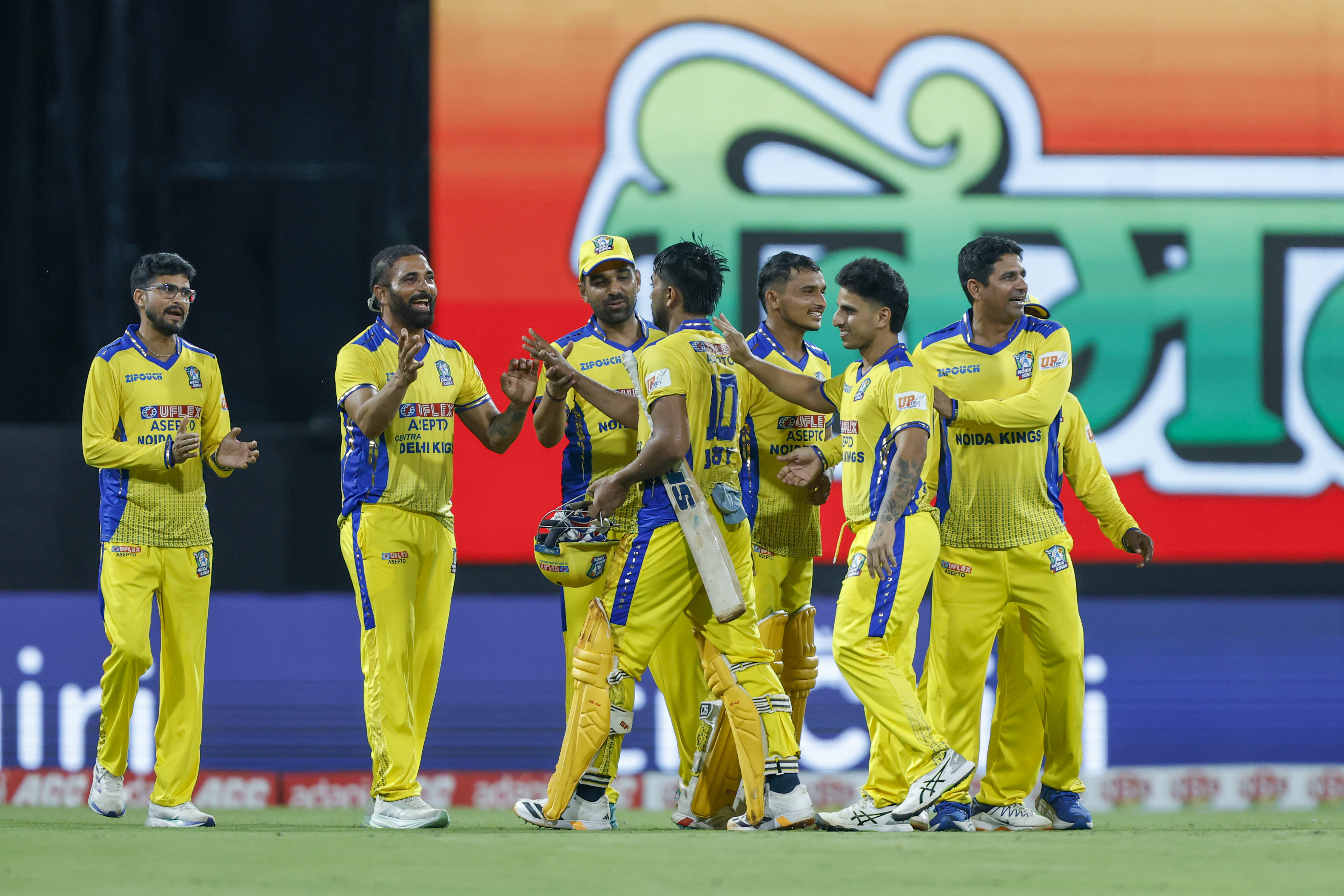 Noida Kings players celebrate win during the UPT20 League Season 4 afternoon fixture on 15 August 2026 at Bharat Ratna Shri Atal Bihari Vajpayee Ekana Cricket Stadium, Lucknow, Uttar Pradesh, India, Noida Kings take on Kanpur Superstars in Match 2 as the tournament continues with high‑intensity T20 action.Photos by: Arjun Singh / aceimages.in for UPT20