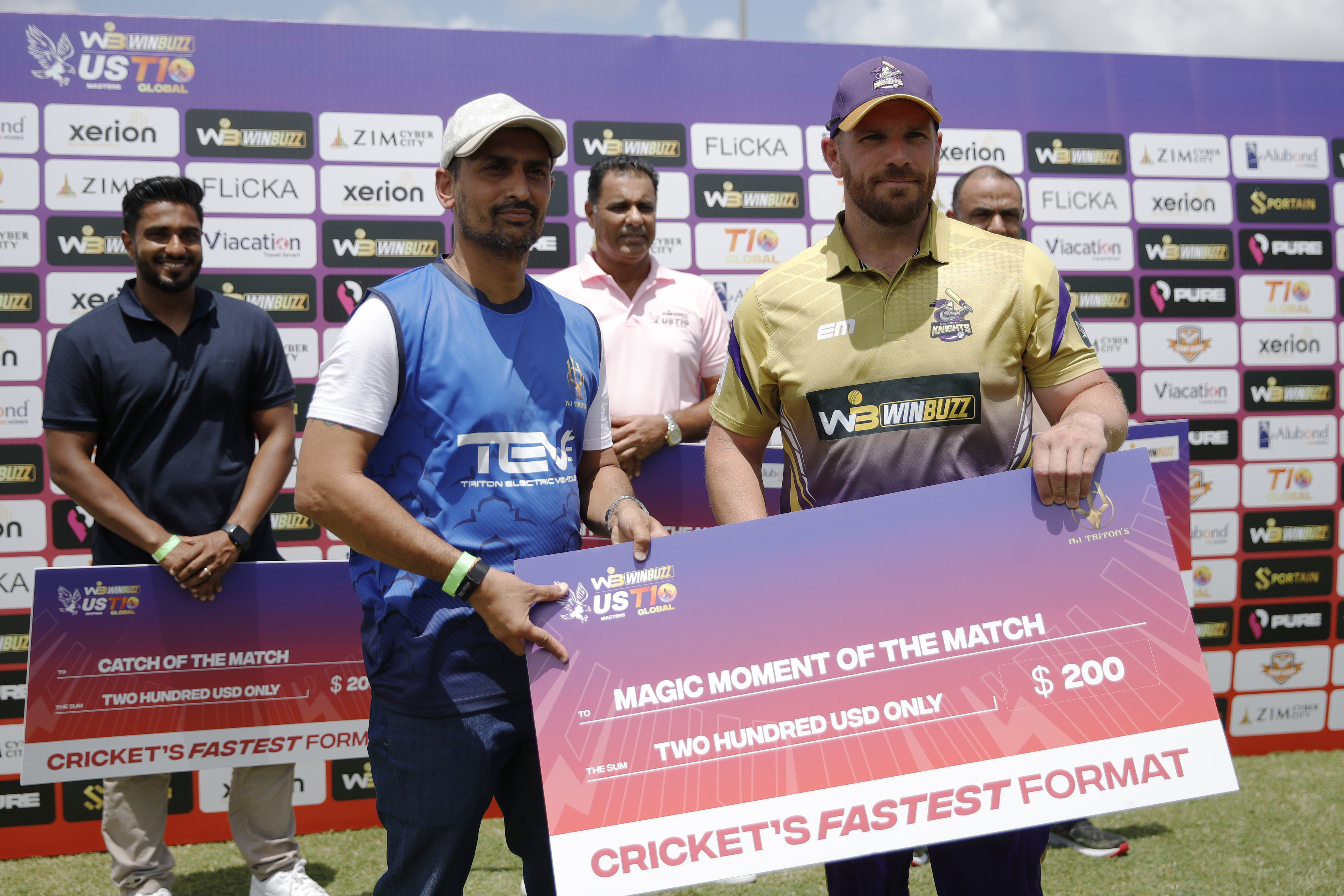 AARON FINCH of California Knights with Magic Moment of the Mach award during match 2 (rescheduled) of the US Masters T10 League between the New Jersey Triton's and the California Knights at the Central Broward Park in Lauderhill, Florida on the 21st August 2023Photo by Saikat Das / ACEIMAGES for US Masters T10