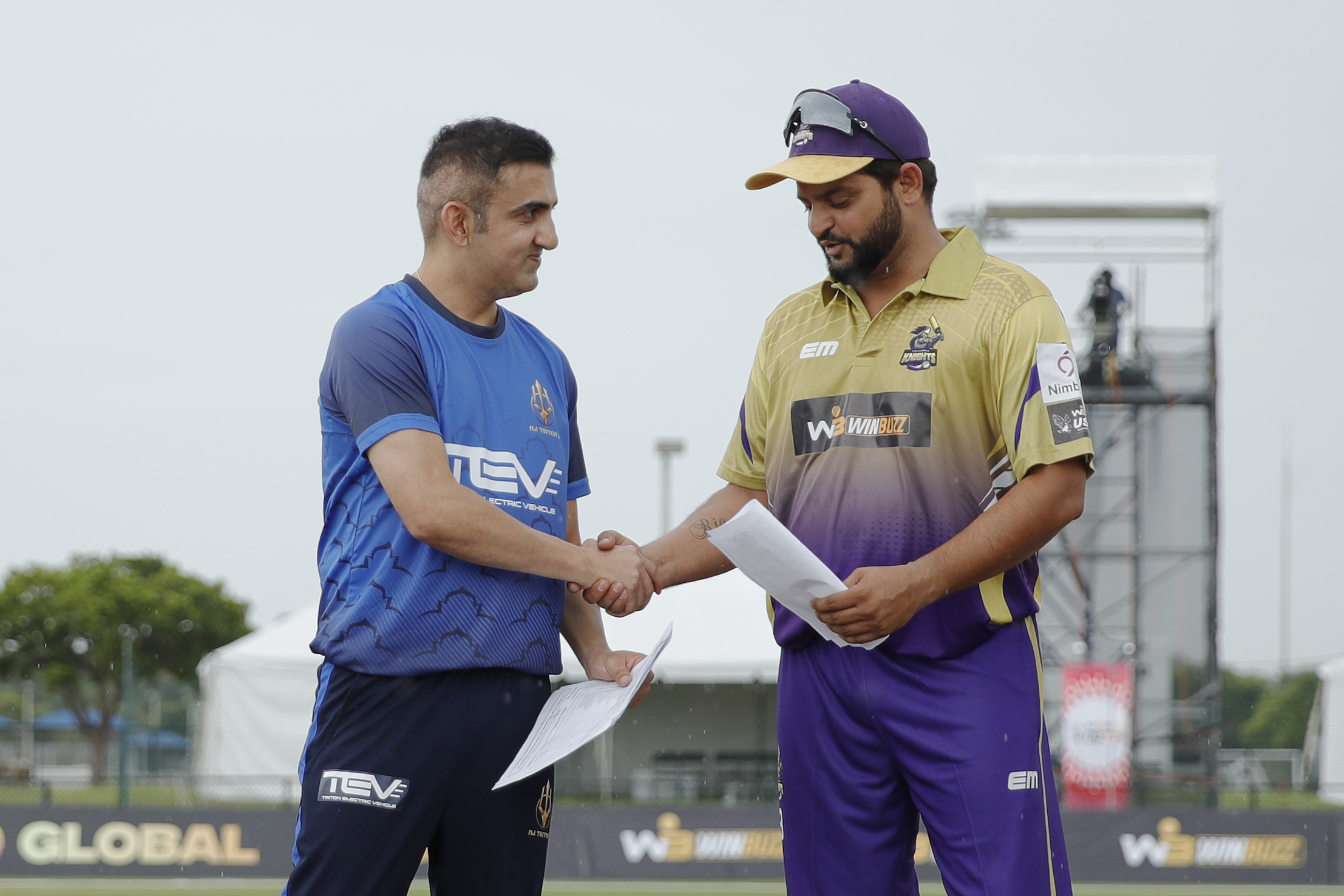 SURESH RAINA (c) of California Knights and Gautam Gambhir (c) of NJ Tritons shaking hands with each others after toss during match 1 of the US Masters T10 League between the Atlanta Riders and the Texas Chargers at the Central Broward Park in Lauderhill, Florida on the 18 August 2023Photo by Saikat Das / ACEIMAGES for US Masters T10
