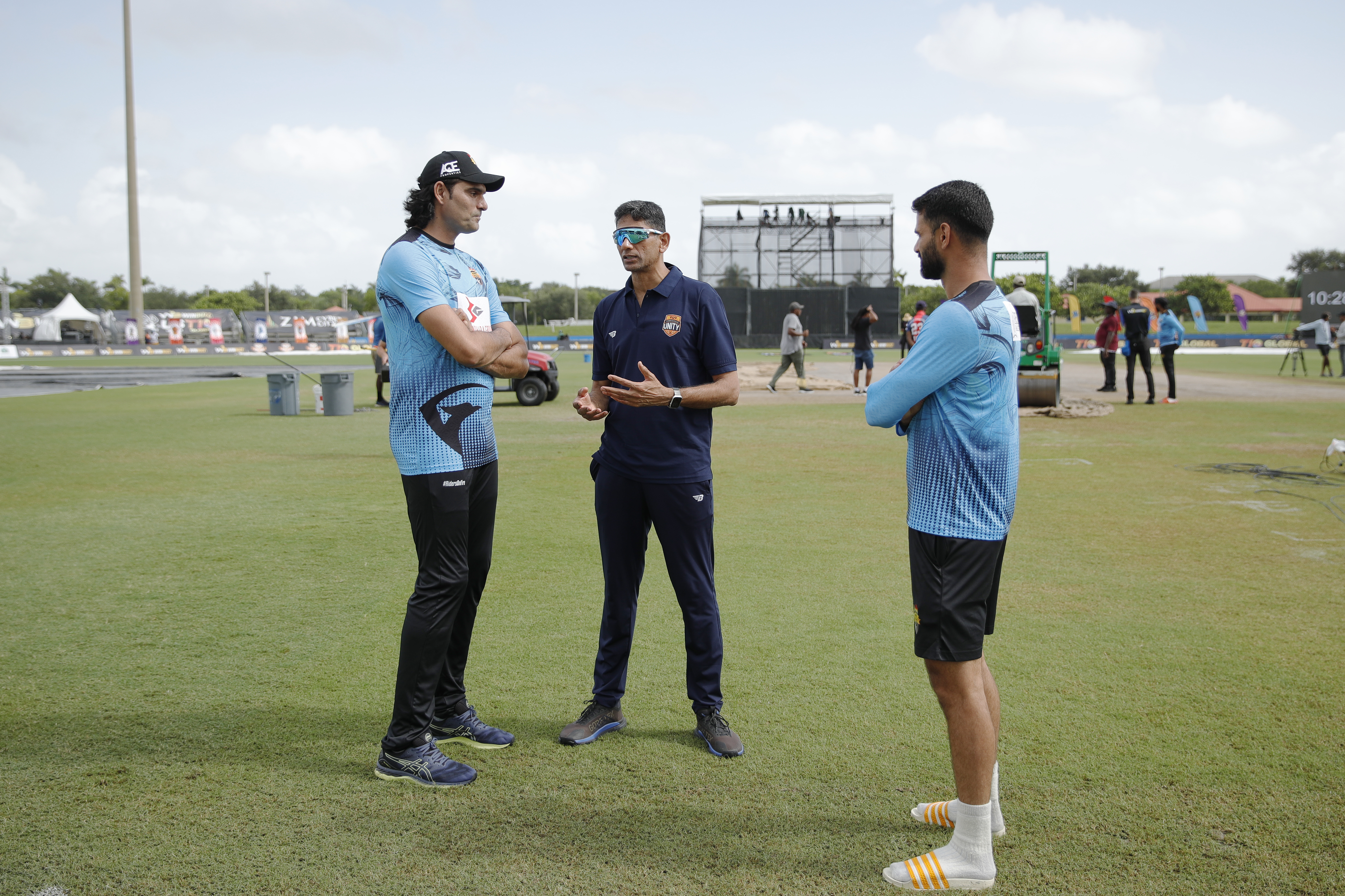 Atlanta Riders players discussing during match 7 of the US Masters T10 League between the Morrisville Unity and the Atlanta Riders at the Central Broward Park in Lauderhill, Florida on the 20 August 2023Photo by Saikat Das / ACEIMAGES for US Masters T10