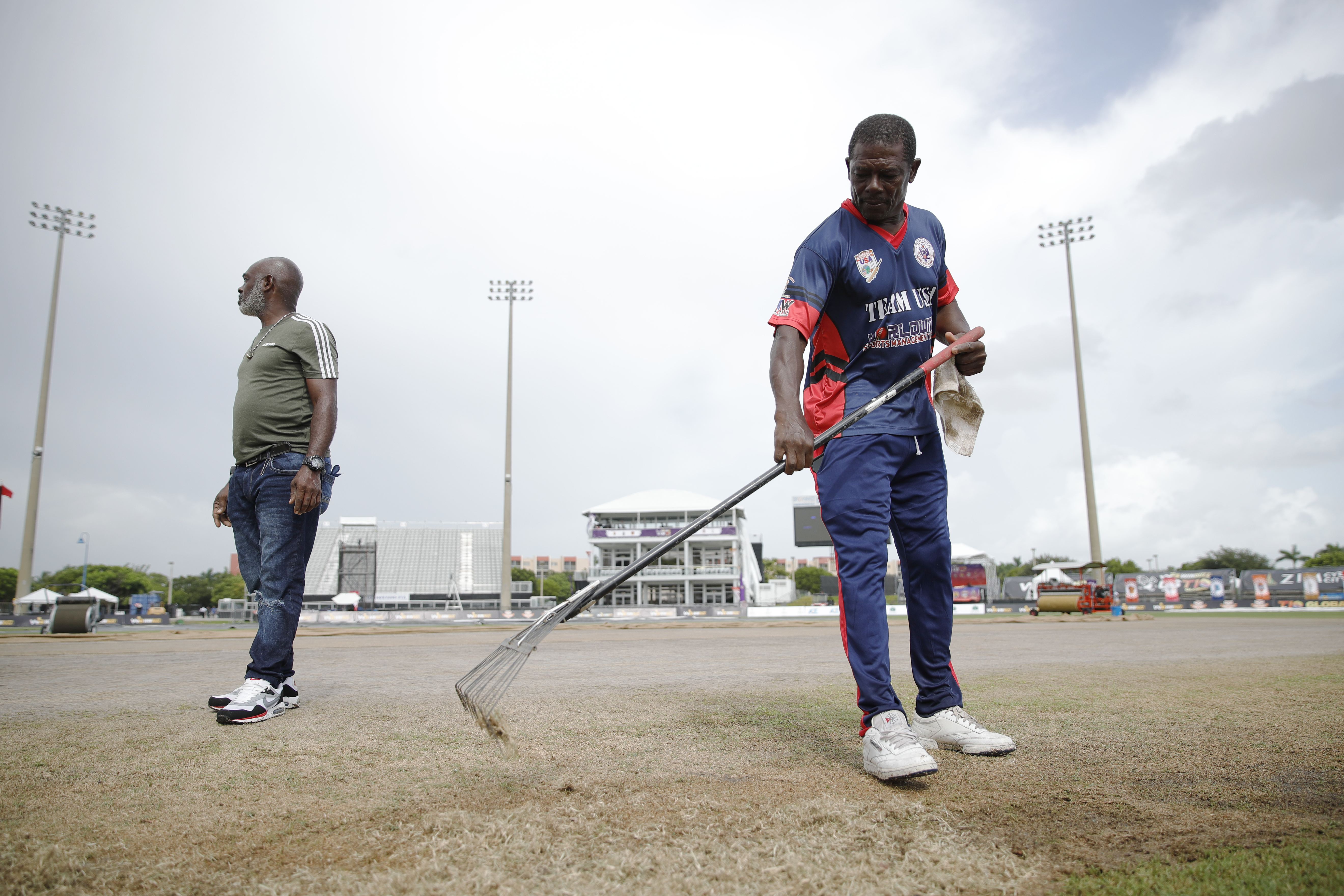Pitch Preparations going on during match 7 of the US Masters T10 League between the Morrisville Unity and the Atlanta Riders at the Central Broward Park in Lauderhill, Florida on the 20 August 2023Photo by Saikat Das / ACEIMAGES for US Masters T10