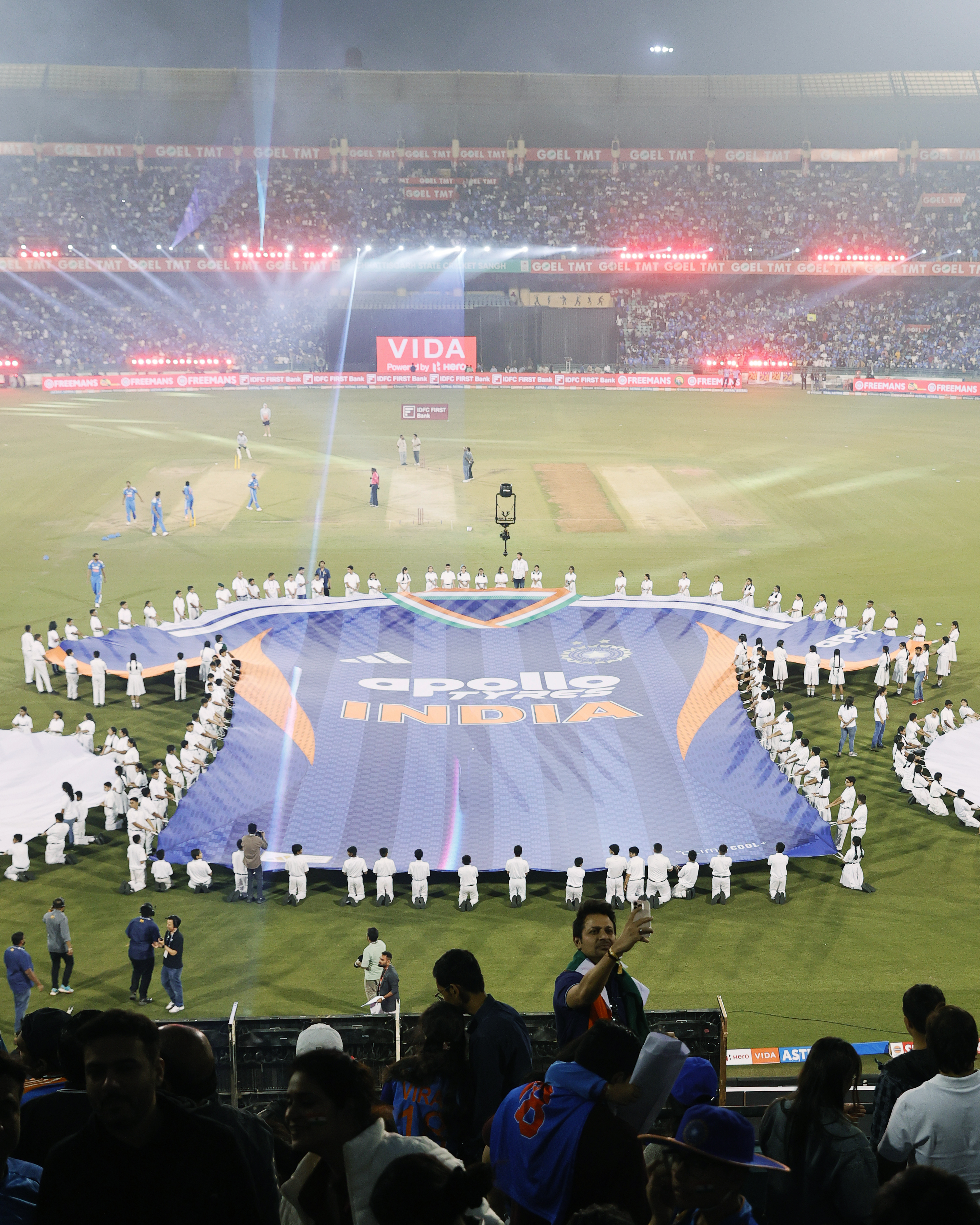 Adidas T20I cricket T-shirt launch at Shaheed Veer Narayan Singh International Cricket Stadium, Raipur, Chhattisgarh. India T20I Captain Rohit Sharma, rising T20I star Tilak Varma, BCCI Secretary Devajit Saikia and Adidas India leadership unveil the official Adidas T20I jersey. Professional advertising, sports and fashion event photography by Saikat Das, official IPL and BCCI photographer, documenting high-profile brand launches and elite cricket personalities for global sports brands.Photos: Saikat Das / www.saikatdas.com