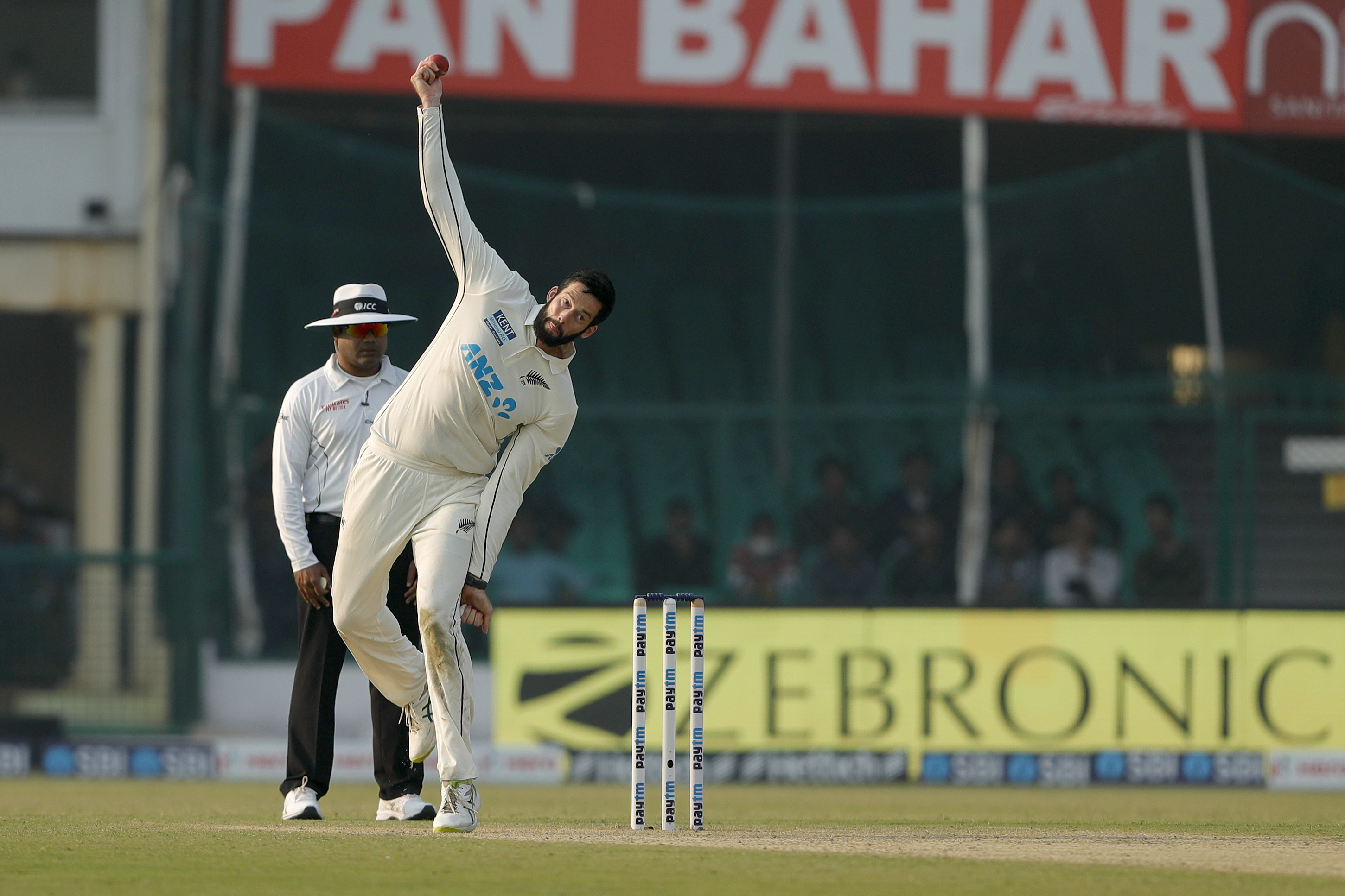 Will Somerville of New Zealand Bowling  during day one of the 1st Test match between India and New Zealand held at the Green Park International Stadium in Kanpur on the 25th November 2021Photo by Saikat Das / Sportzpics for BCCI
