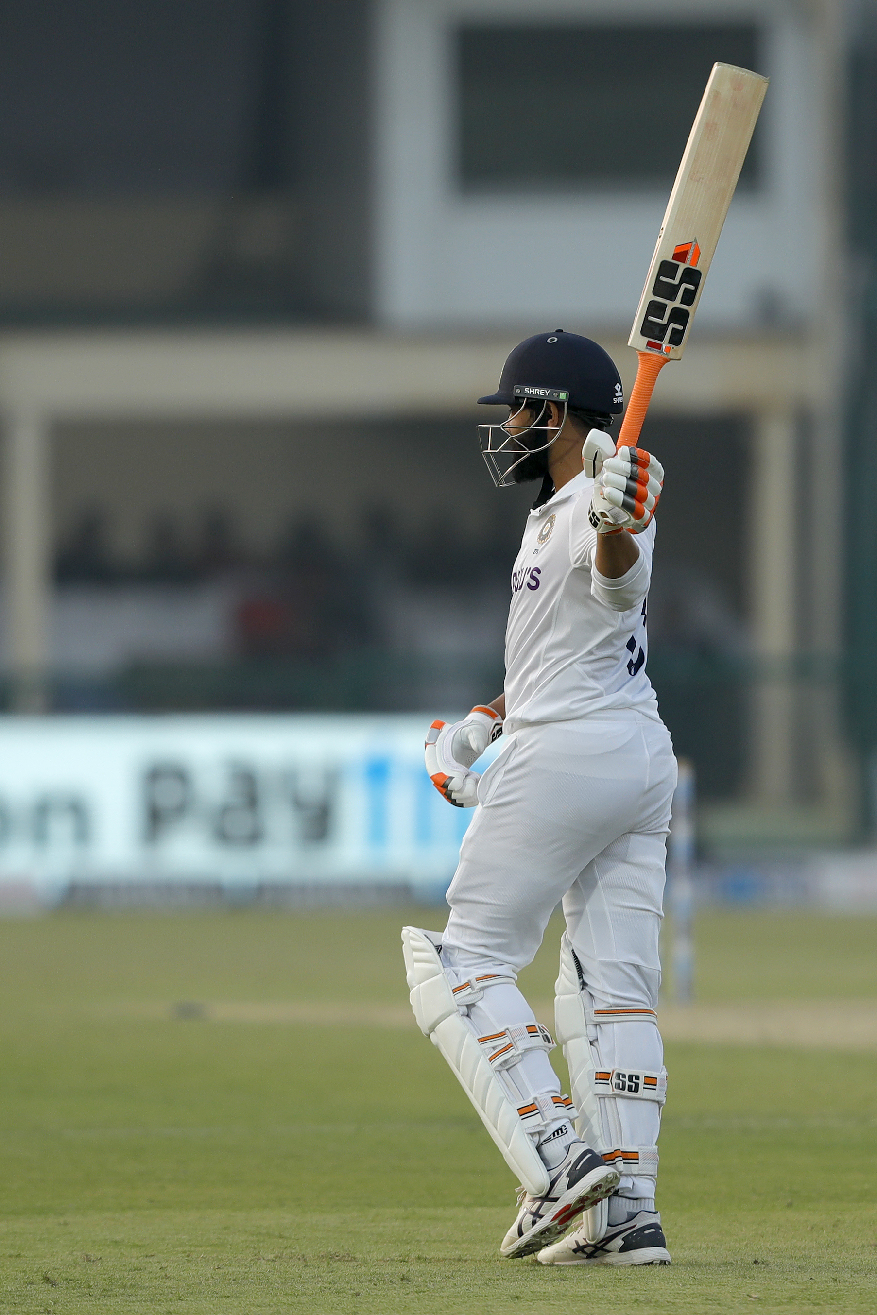 Ravindra Jadeja of India celebrating his half century  during day one of the 1st Test match between India and New Zealand held at the Green Park International Stadium in Kanpur on the 25th November 2021Photo by Saikat Das / Sportzpics for BCCI