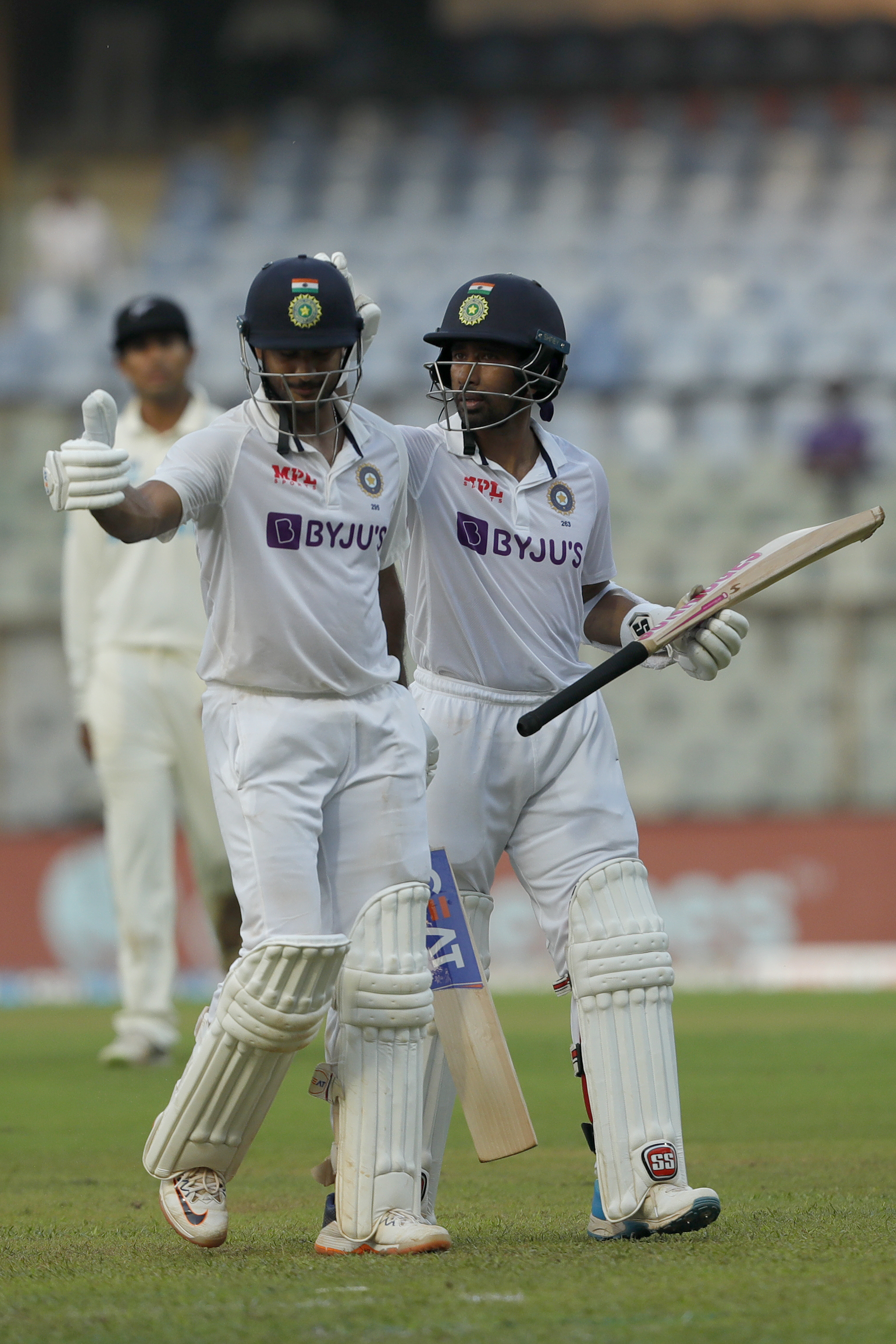 Mayank Agarwal of India getting congratulations for his unbeaten century during day one of the 2nd test match between India and New Zealand held at the Wankhede Stadium in Mumbai on the 3rd December 2021Photo by Saikat Das / Sportzpics for BCCI