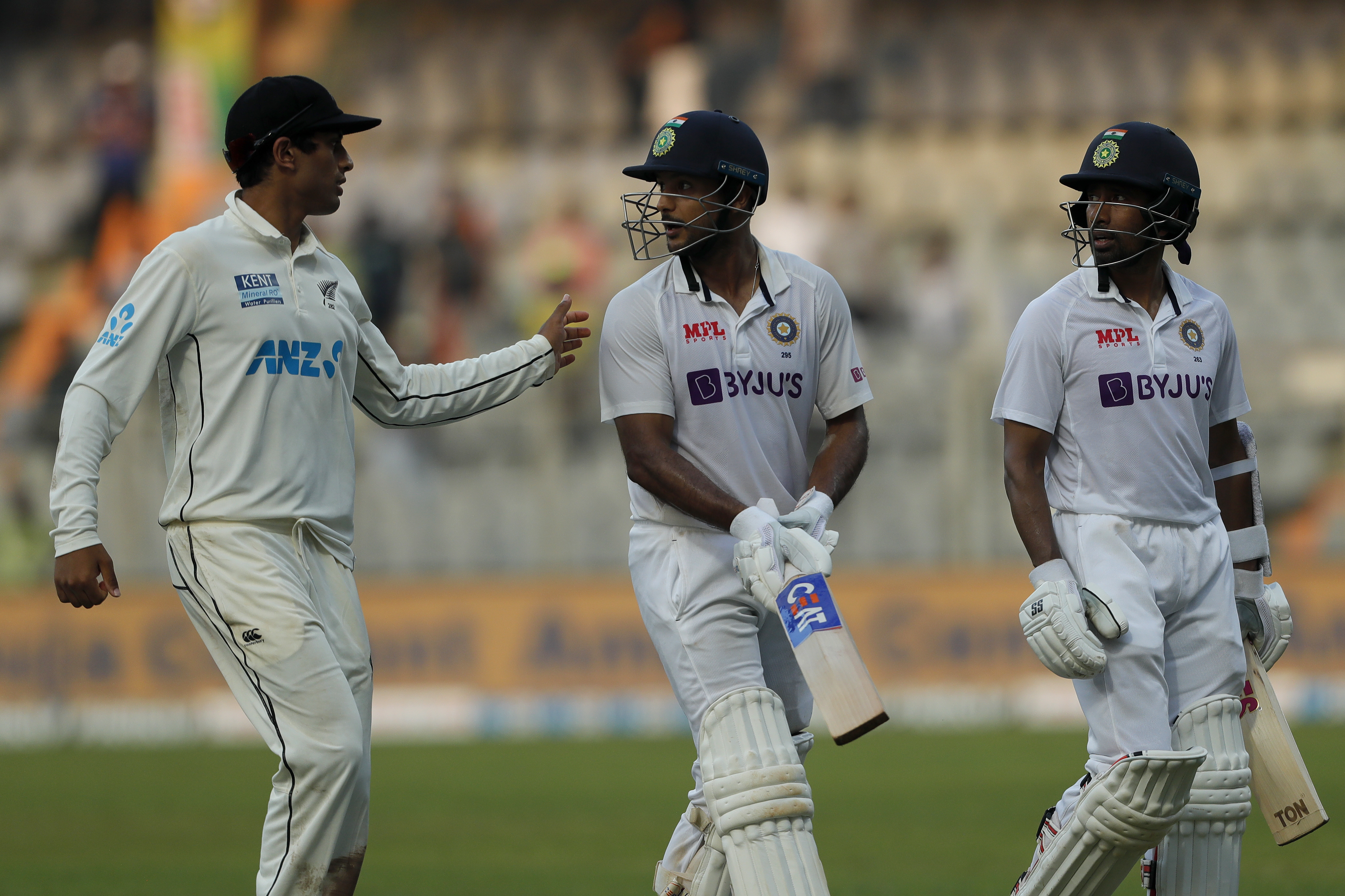 Mayank Agarwal of India getting congratulations for his unbeaten century during day one of the 2nd test match between India and New Zealand held at the Wankhede Stadium in Mumbai on the 3rd December 2021Photo by Saikat Das / Sportzpics for BCCI