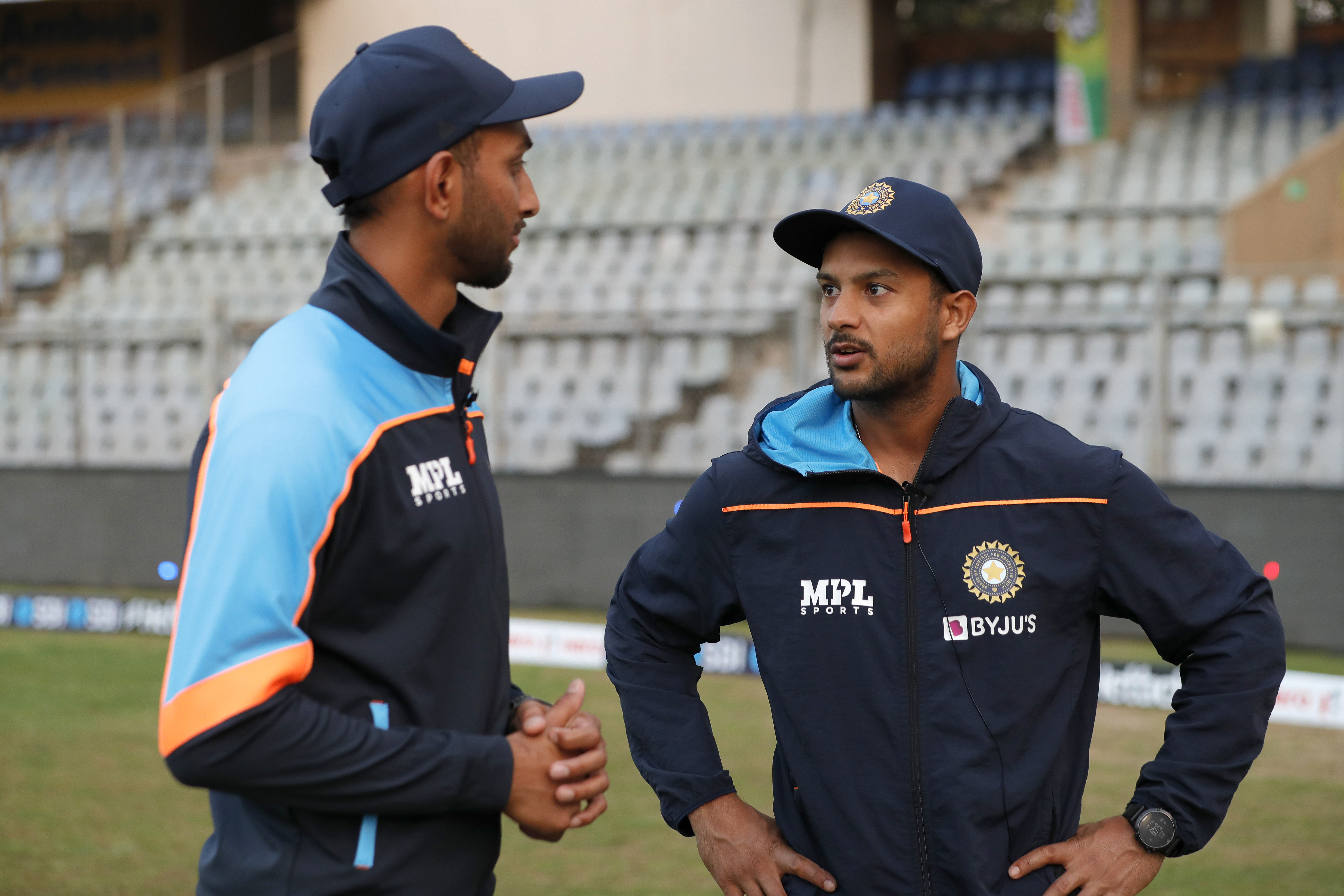 Mayank Agarwal of India with Prasidh Krishna of Indiaat digital interview  during day one of the 2nd test match between India and New Zealand held at the Wankhede Stadium in Mumbai on the 3rd December 2021Photo by Saikat Das / Sportzpics for BCCI