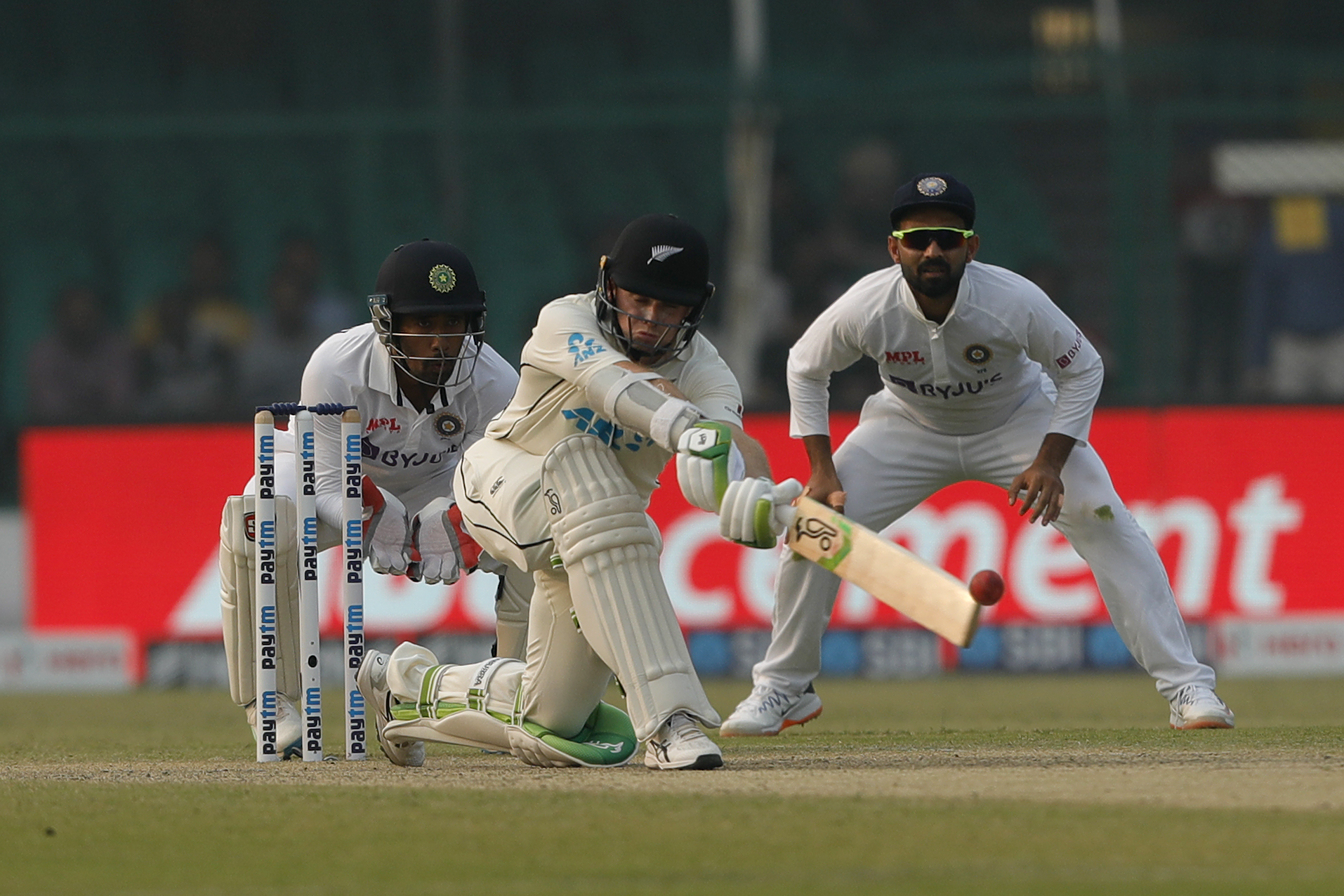 Tom Latham of New Zealand batting  during day two of the 1st Test match between India and New Zealand held at the Green Park International Stadium in Kanpur on the 26th November 2021Photo by Saikat Das / Sportzpics for BCCI