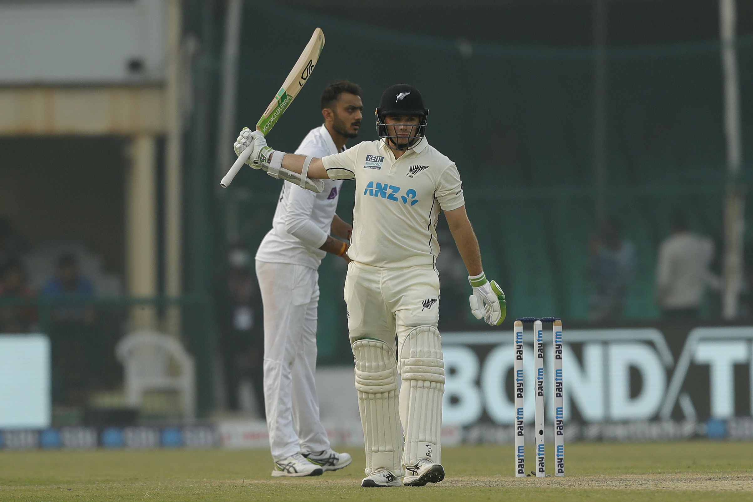 Tom Latham of New Zealand celebrating his half century  during day two of the 1st Test match between India and New Zealand held at the Green Park International Stadium in Kanpur on the 26th November 2021Photo by Saikat Das / Sportzpics for BCCI