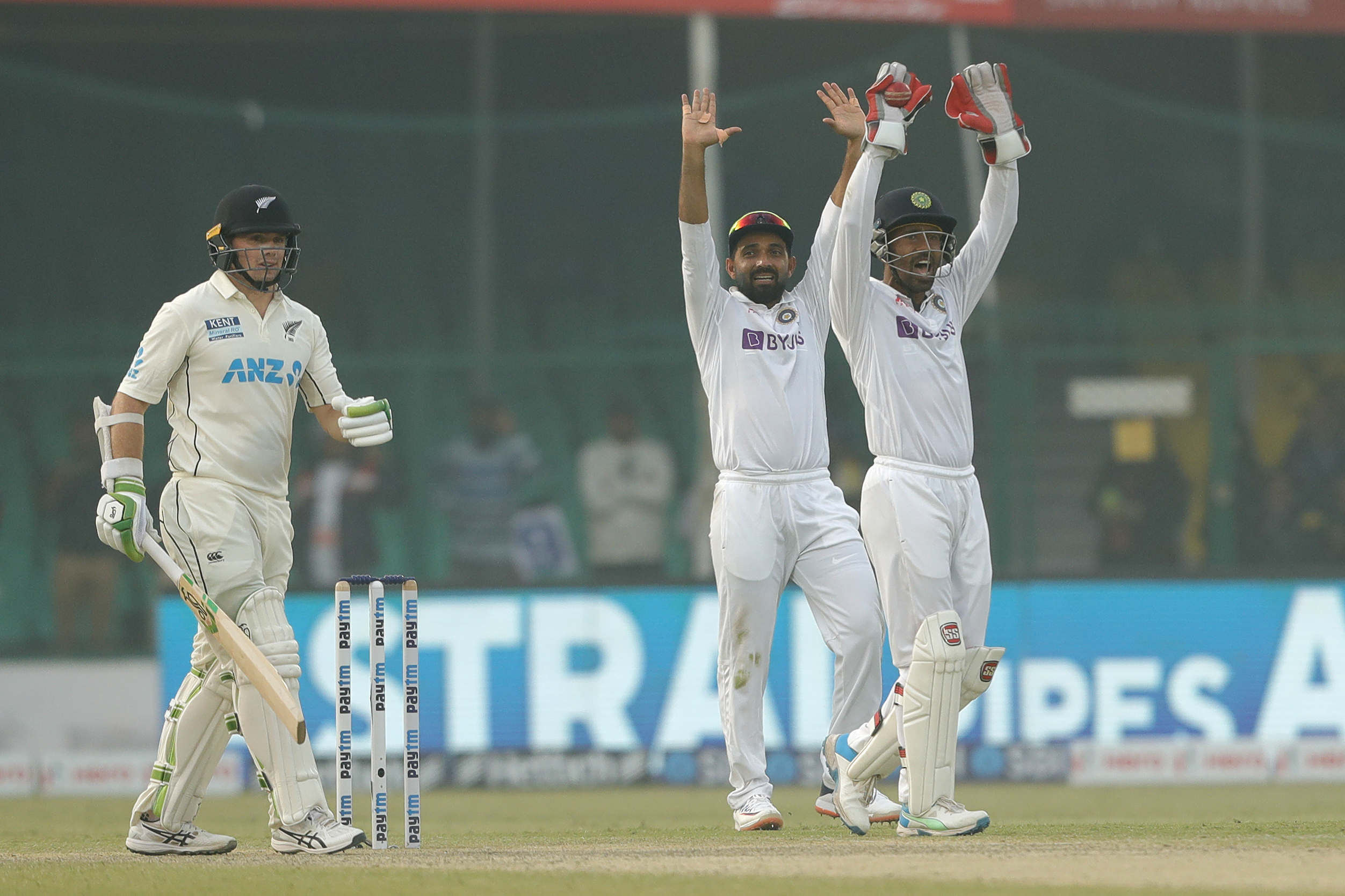 Wridhhiman Saha (wicket-keeper) of India , Ajinkya Rahane (Captain) of India appalling for the wicket Tom Latham of New Zealand  during day two of the 1st Test match between India and New Zealand held at the Green Park International Stadium in Kanpur on the 26th November 2021Photo by Saikat Das / Sportzpics for BCCI
