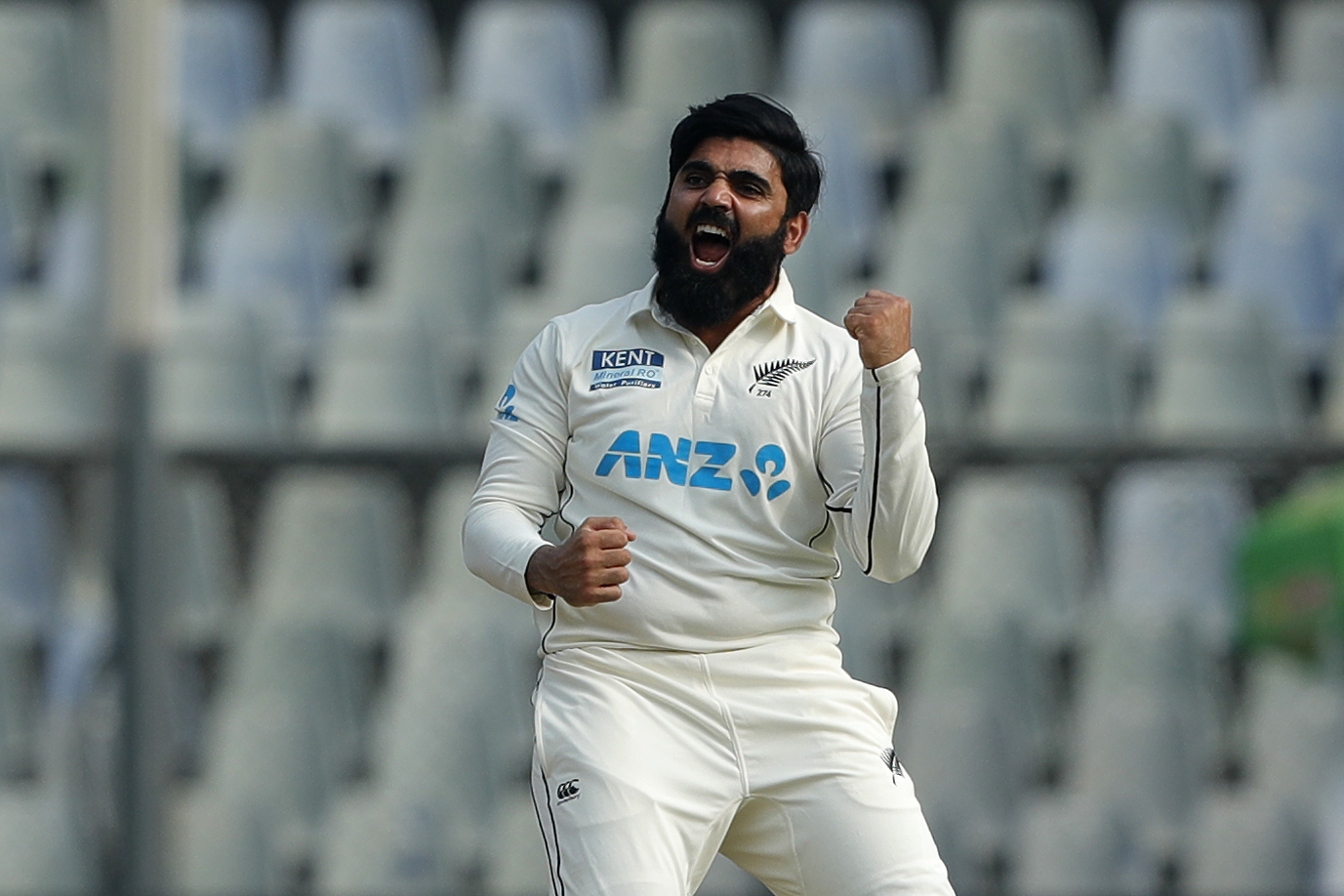 Ajaz Patel of New Zealand celebrating the wicket of Wridhhiman Saha (wicket-keeper) of India  during day two of the 2nd test match between India and New Zealand held at the Wankhede Stadium in Mumbai on the 4th December 2021Photo by Saikat Das / Sportzpics for BCCI