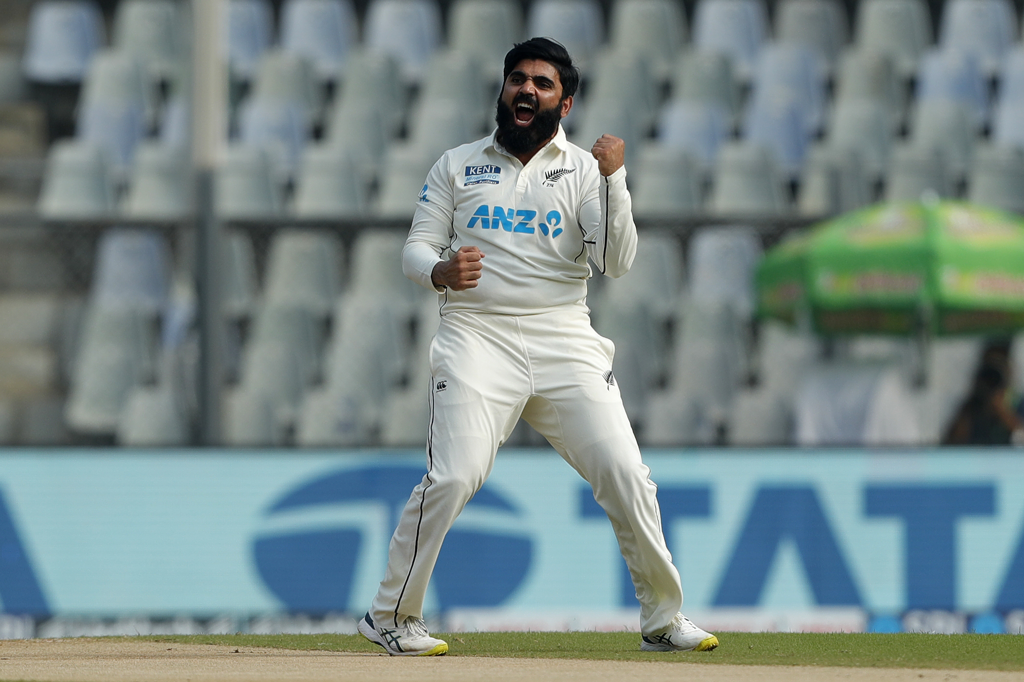 Ajaz Patel of New Zealand celebrating the wicket of Wridhhiman Saha (wicket-keeper) of India  during day two of the 2nd test match between India and New Zealand held at the Wankhede Stadium in Mumbai on the 4th December 2021Photo by Saikat Das / Sportzpics for BCCI