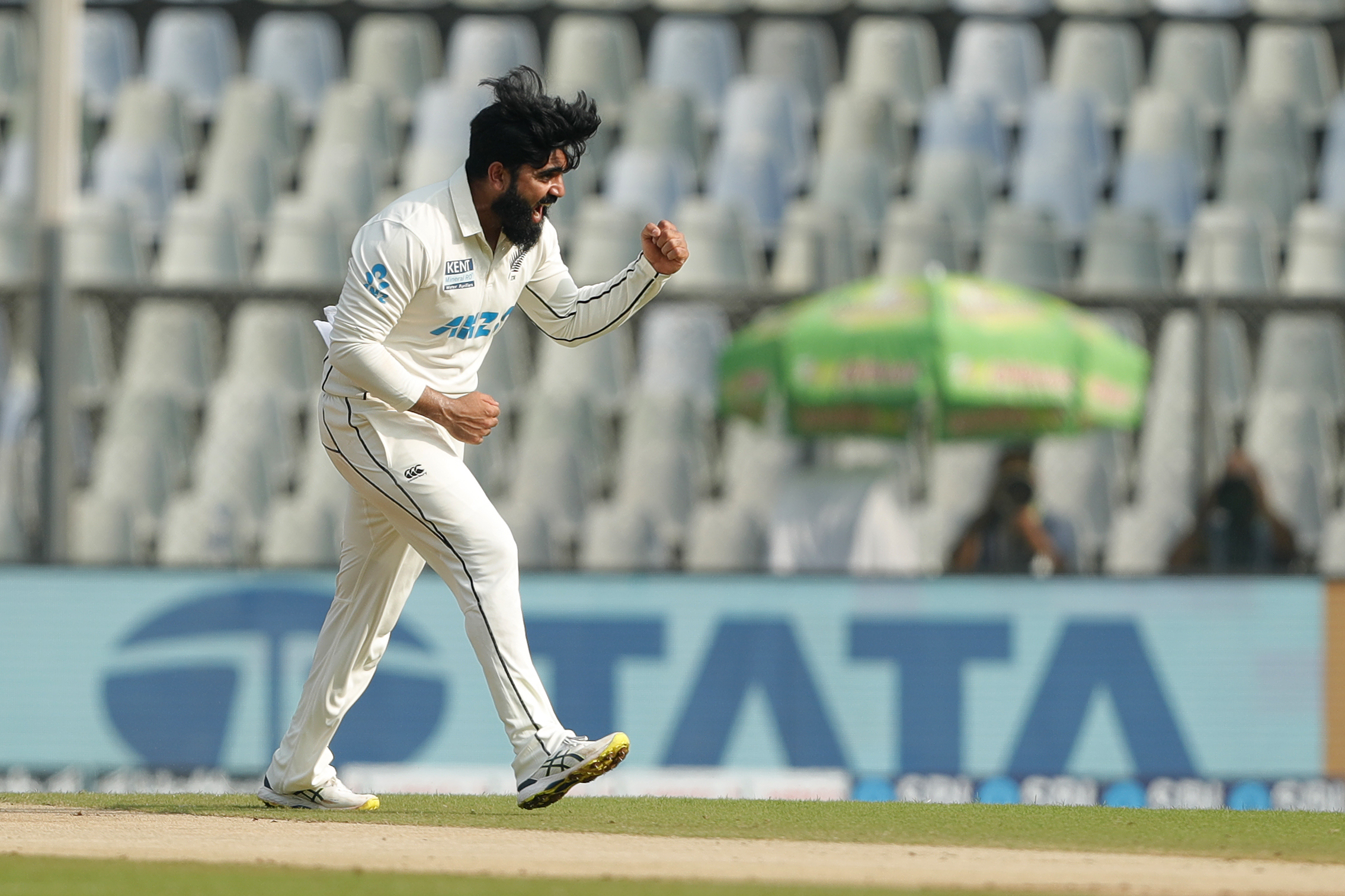 Ajaz Patel of New Zealand celebrating the wicket of R Ashwin of India  during day two of the 2nd test match between India and New Zealand held at the Wankhede Stadium in Mumbai on the 4th December 2021Photo by Saikat Das / Sportzpics for BCCI