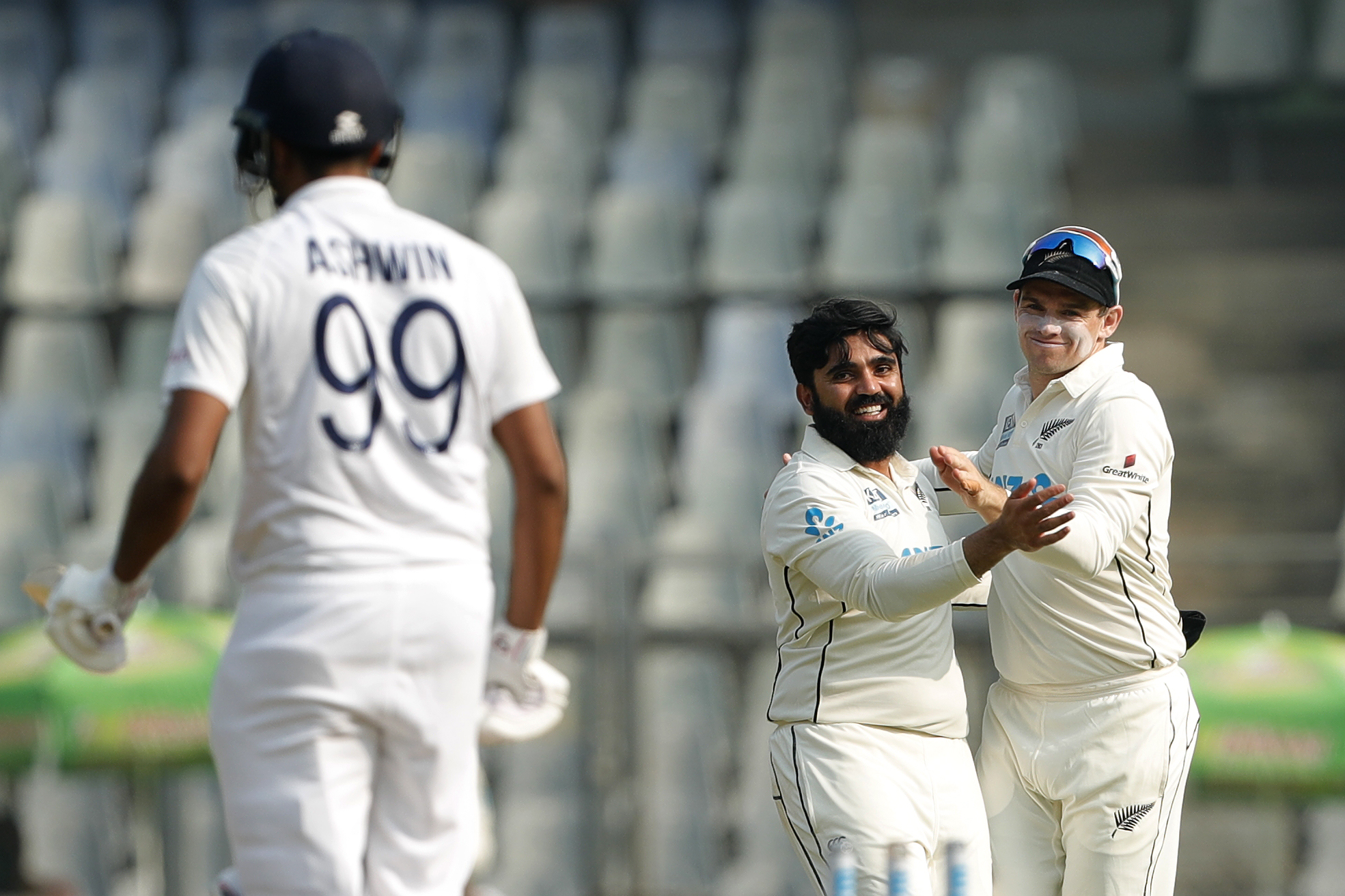 Ajaz Patel of New Zealand celebrating the wicket of R Ashwin of India  during day two of the 2nd test match between India and New Zealand held at the Wankhede Stadium in Mumbai on the 4th December 2021Photo by Saikat Das / Sportzpics for BCCI