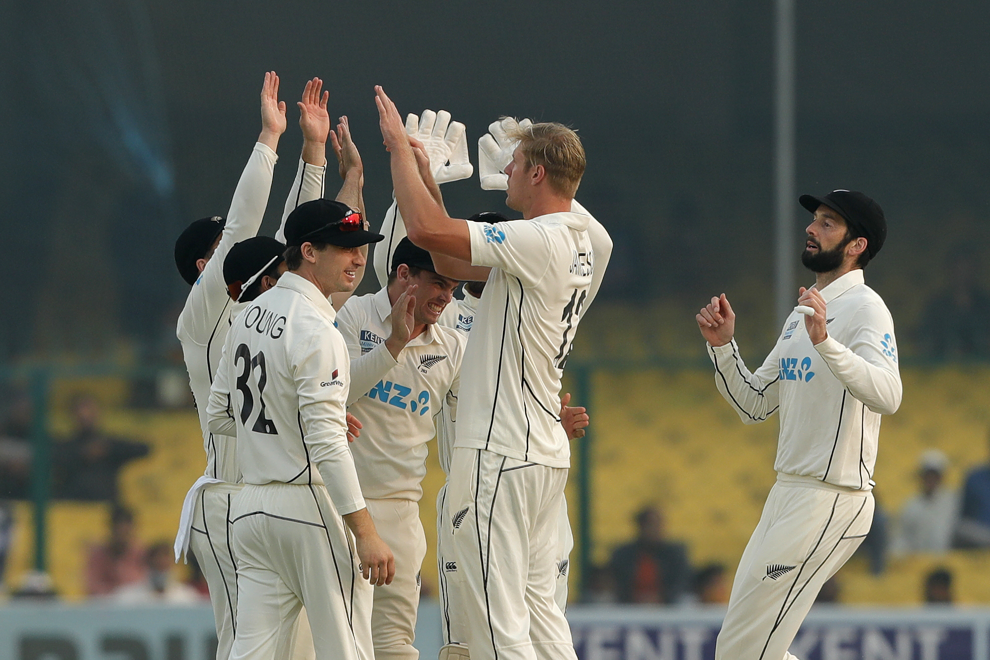 Kyle Jamiesion of New Zealand celebrating the wicket of Shubman Gill of India  during day three of the 1st Test match between India and New Zealand held at the Green Park International Stadium in Kanpur on the 27th November 2021Photo by Saikat Das / Sportzpics for BCCI