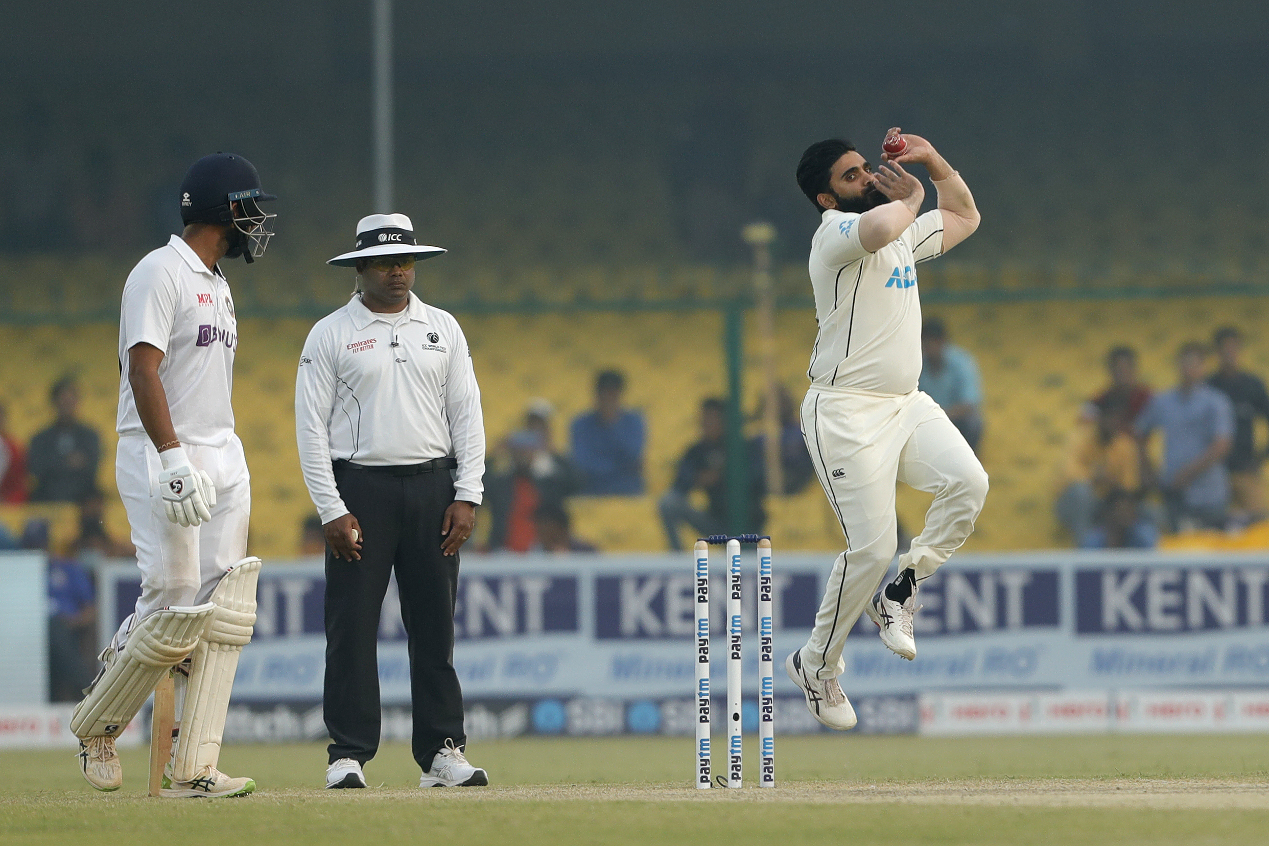 Ajaz Patel of New Zealand Bowling  during day three of the 1st Test match between India and New Zealand held at the Green Park International Stadium in Kanpur on the 27th November 2021Photo by Saikat Das / Sportzpics for BCCI