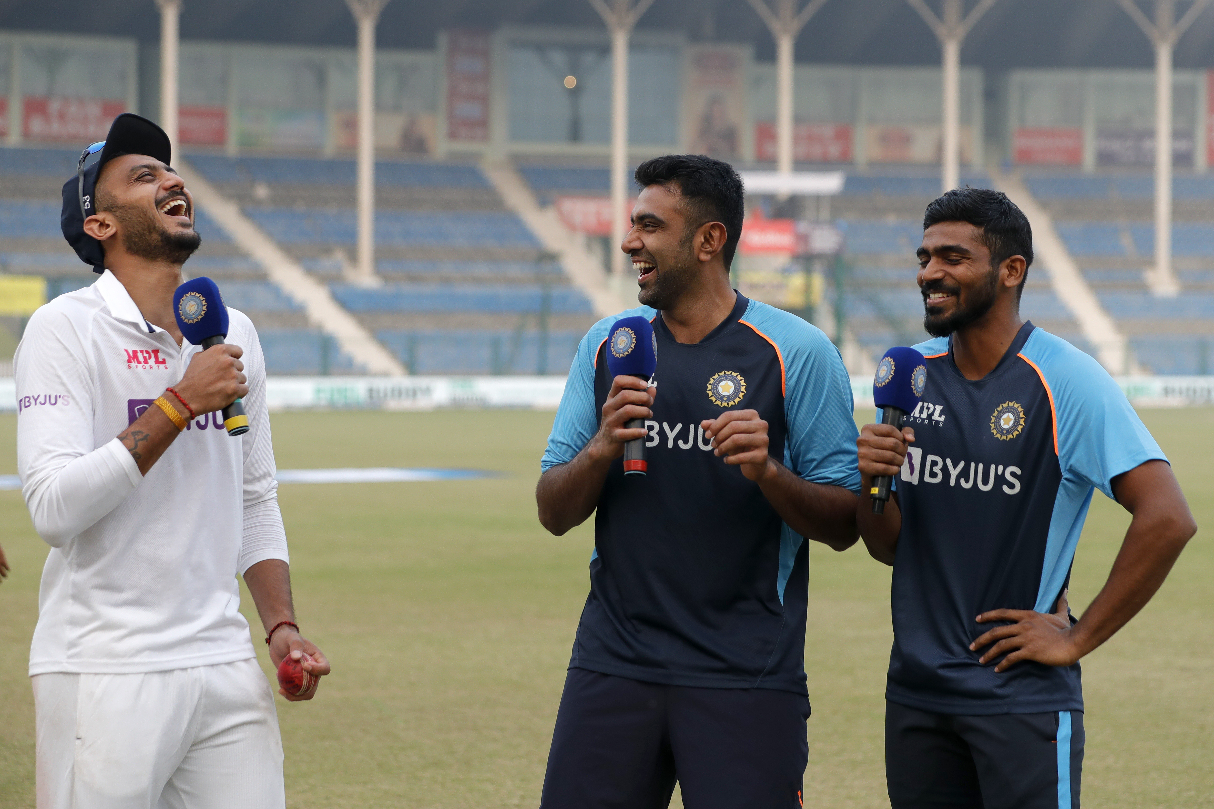 Axar Patel of India , R Ashwin of India  and K.S.Bharat wicket-keeper) of India at social media chat during day three of the 1st Test match between India and New Zealand held at the Green Park International Stadium in Kanpur on the 27th November 2021Photo by Saikat Das / Sportzpics for BCCI