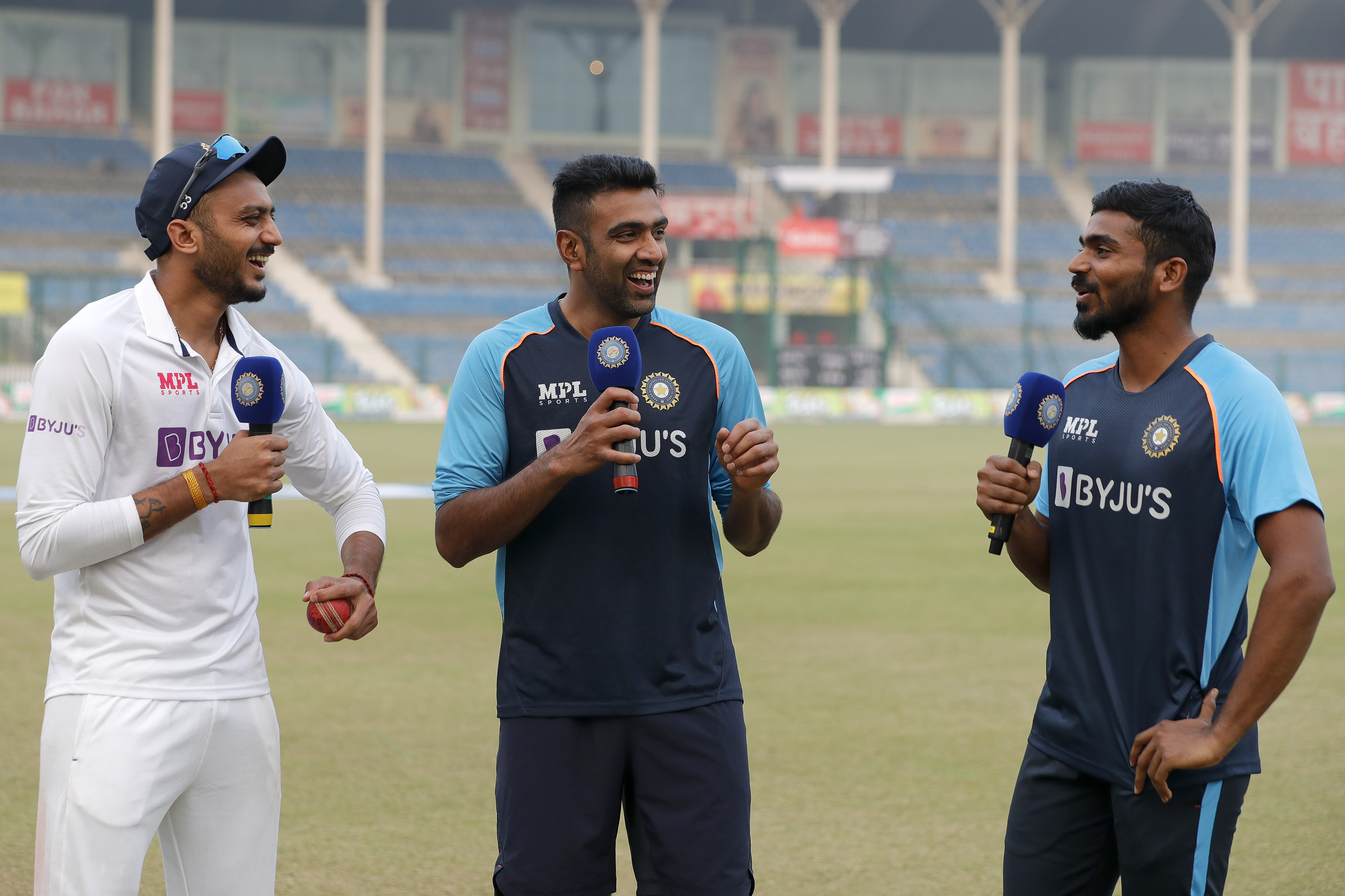 Axar Patel of India , R Ashwin of India  and K.S.Bharat wicket-keeper) of India at social media chat during day three of the 1st Test match between India and New Zealand held at the Green Park International Stadium in Kanpur on the 27th November 2021Photo by Saikat Das / Sportzpics for BCCI