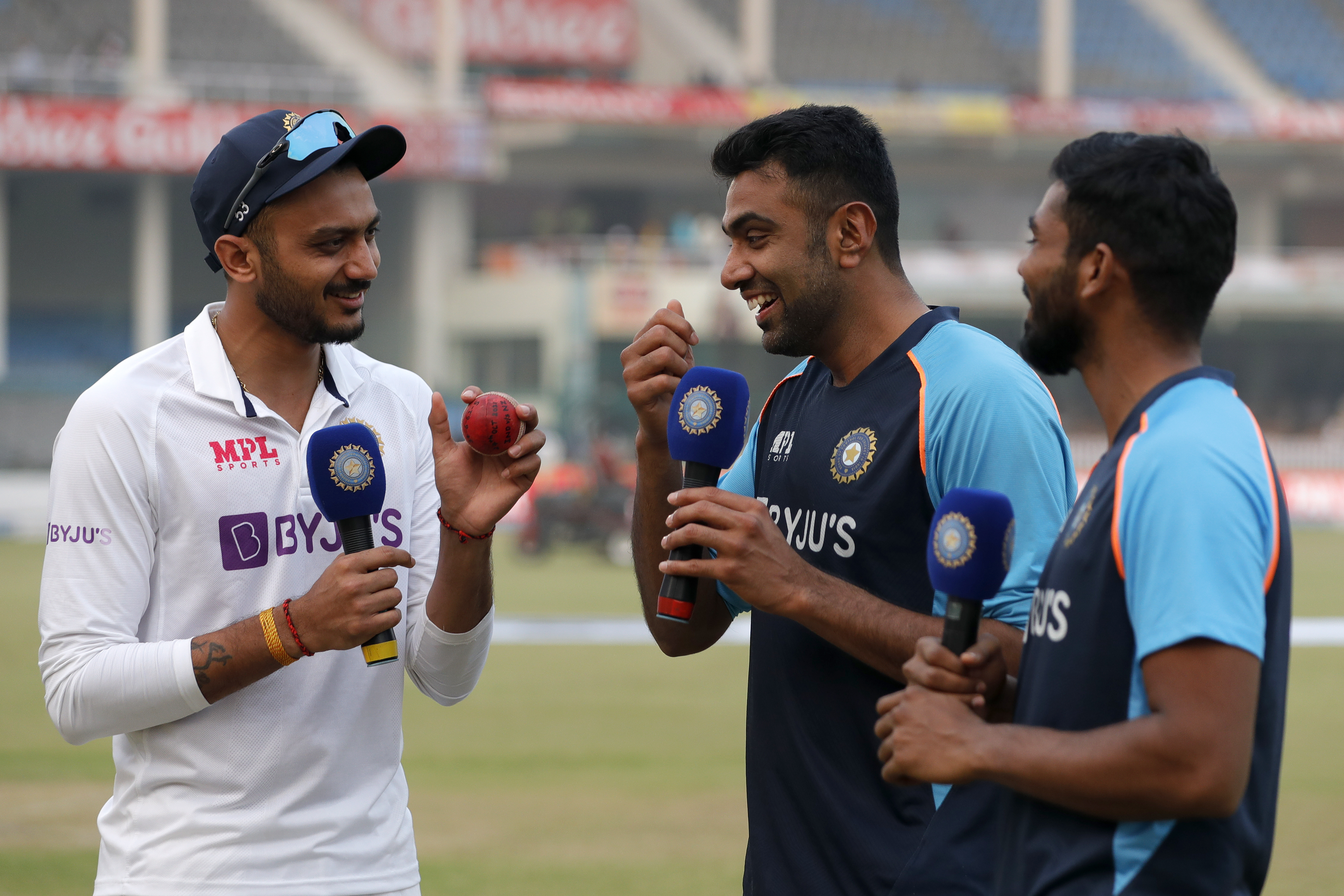 Axar Patel of India , R Ashwin of India  and K.S.Bharat wicket-keeper) of India at social media chat during day three of the 1st Test match between India and New Zealand held at the Green Park International Stadium in Kanpur on the 27th November 2021Photo by Saikat Das / Sportzpics for BCCI