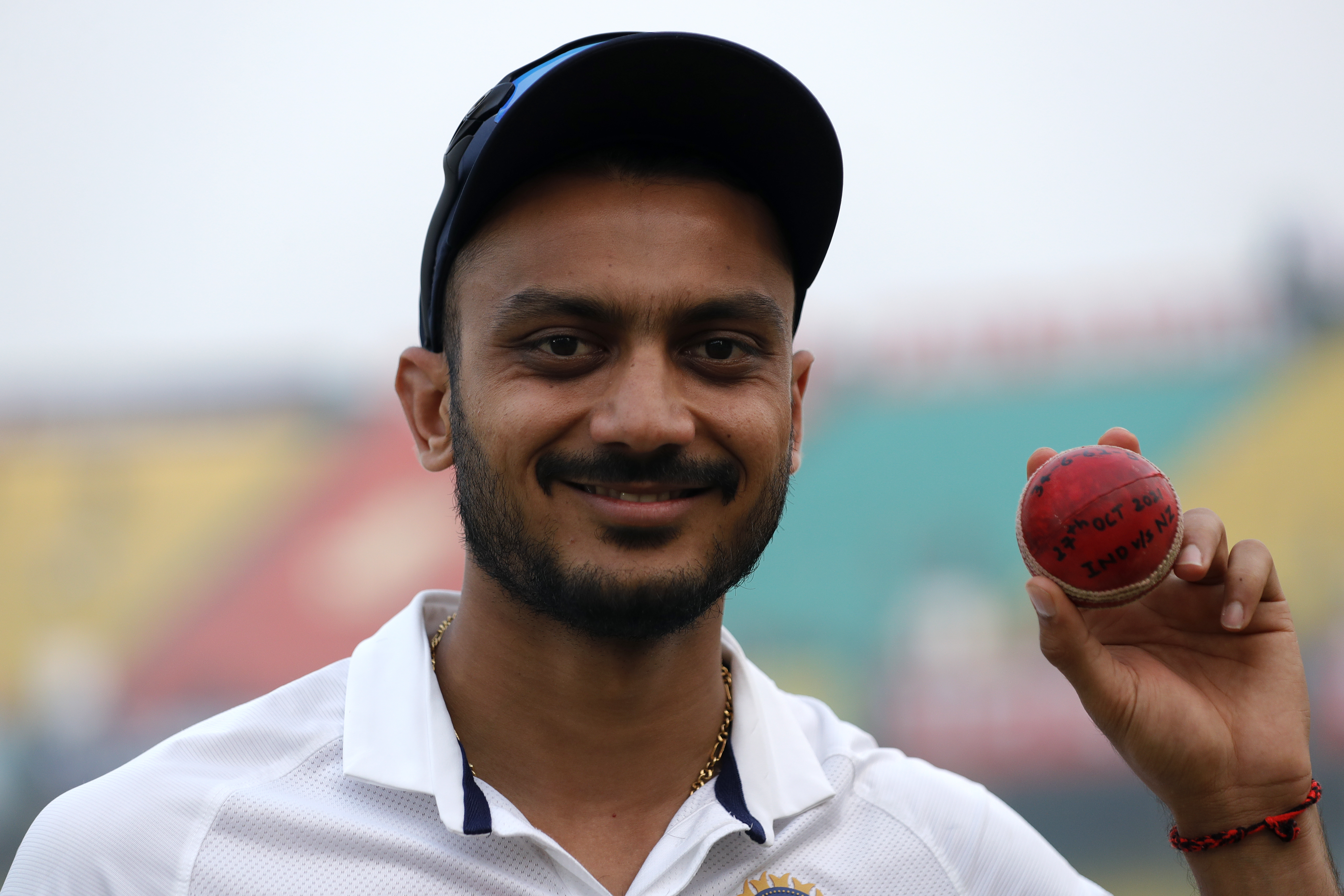 Axar Patel of India with his five wicket haul ball during day three of the 1st Test match between India and New Zealand held at the Green Park International Stadium in Kanpur on the 27th November 2021Photo by Saikat Das / Sportzpics for BCCI
