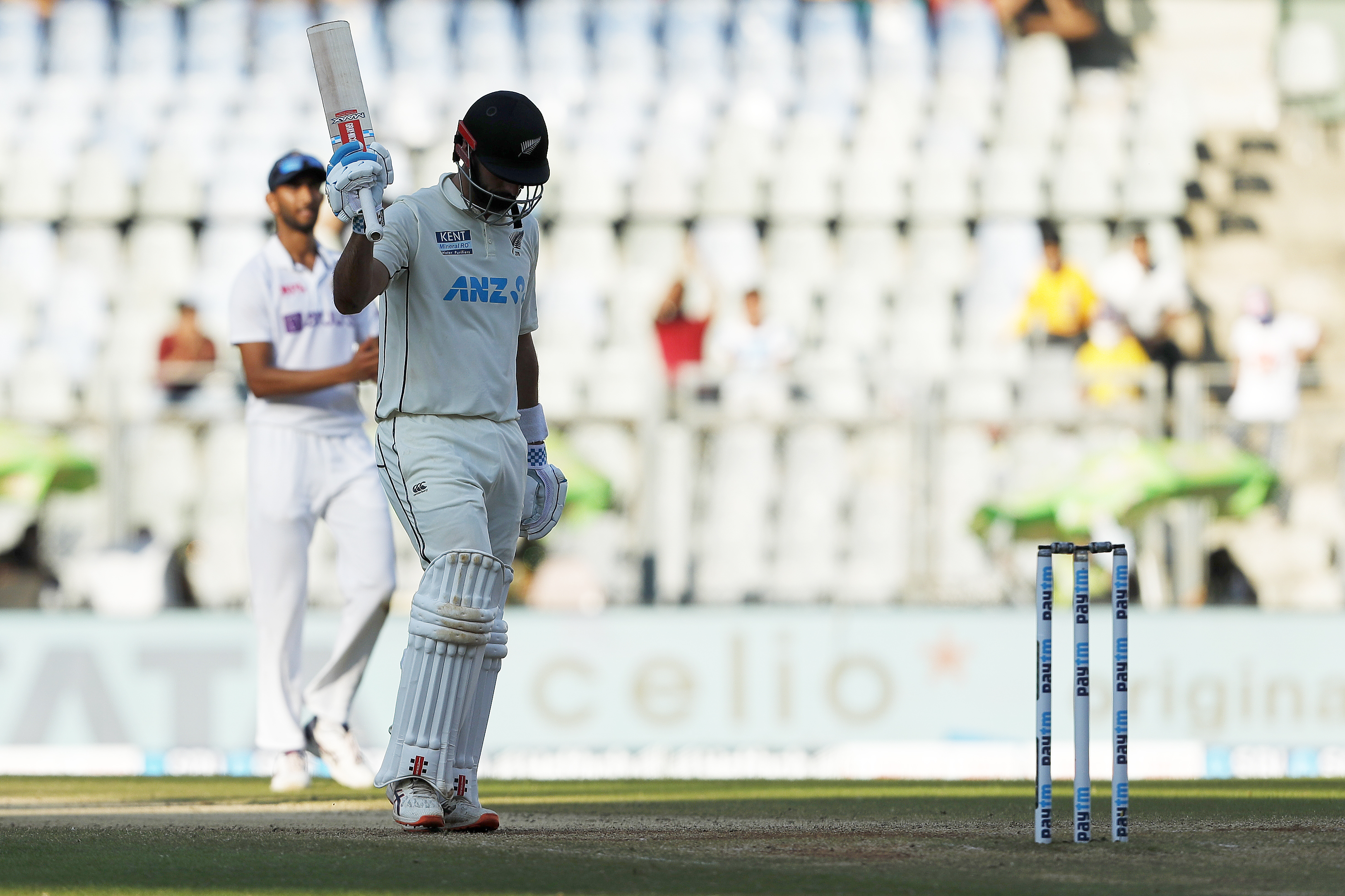 Daryl Mitchell of New Zealand celebrating his half century  during day three of the 2nd test match between India and New Zealand held at the Wankhede Stadium in Mumbai on the 5th December 2021Photo by Saikat Das / Sportzpics for BCCI