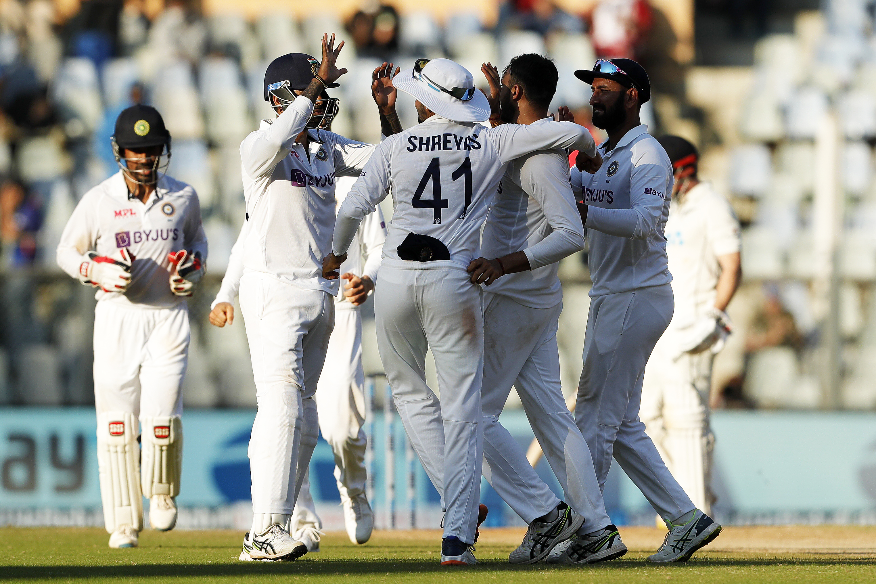 Axar Patel of India celebrating the wicket of Daryl Mitchell of New Zealand  during day three of the 2nd test match between India and New Zealand held at the Wankhede Stadium in Mumbai on the 5th December 2021Photo by Saikat Das / Sportzpics for BCCI