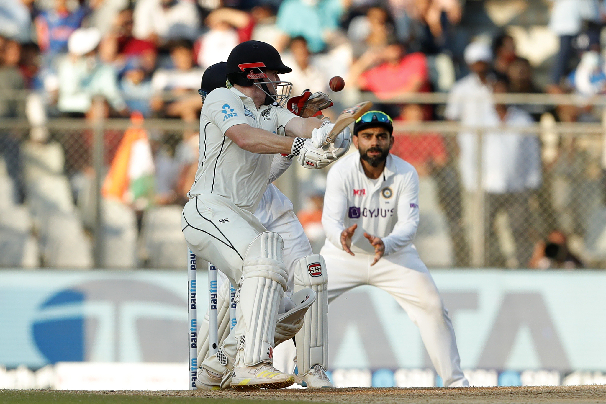 Henry Nicholls of New Zealand hitting a four  during day three of the 2nd test match between India and New Zealand held at the Wankhede Stadium in Mumbai on the 5th December 2021Photo by Saikat Das / Sportzpics for BCCI
