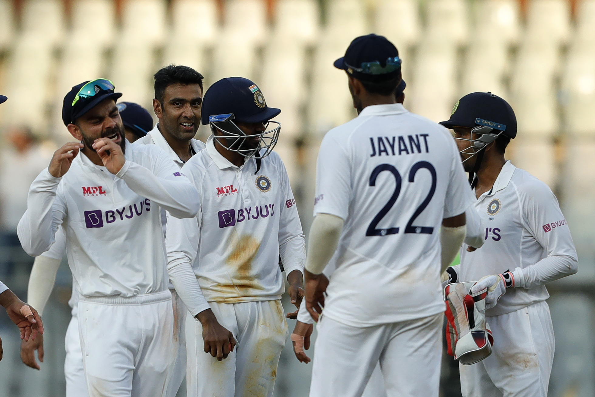 Happy India team at end of the day during day three of the 2nd test match between India and New Zealand held at the Wankhede Stadium in Mumbai on the 5th December 2021Photo by Saikat Das / Sportzpics for BCCI