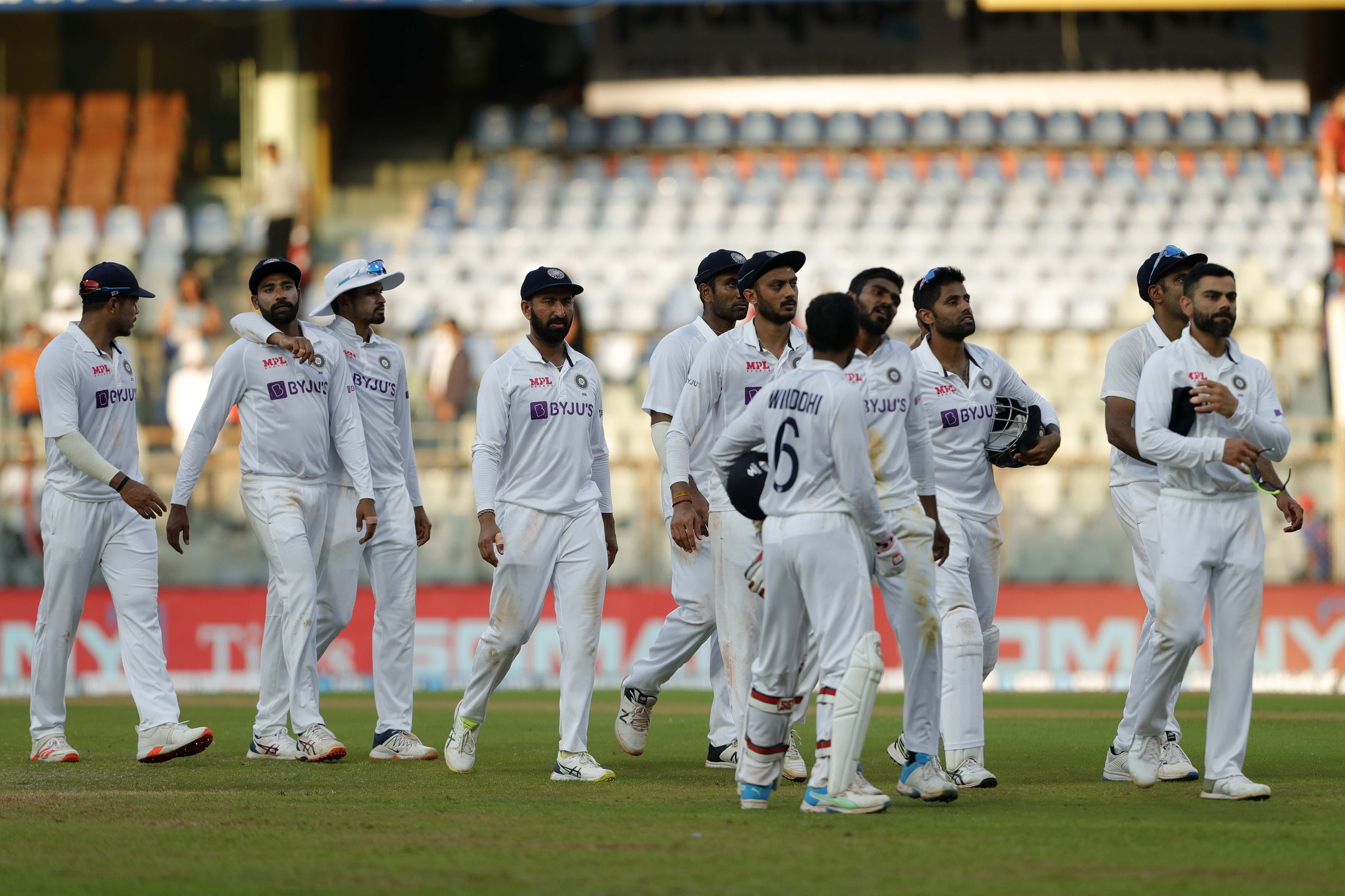 Happy India team at end of the day during day three of the 2nd test match between India and New Zealand held at the Wankhede Stadium in Mumbai on the 5th December 2021Photo by Saikat Das / Sportzpics for BCCI