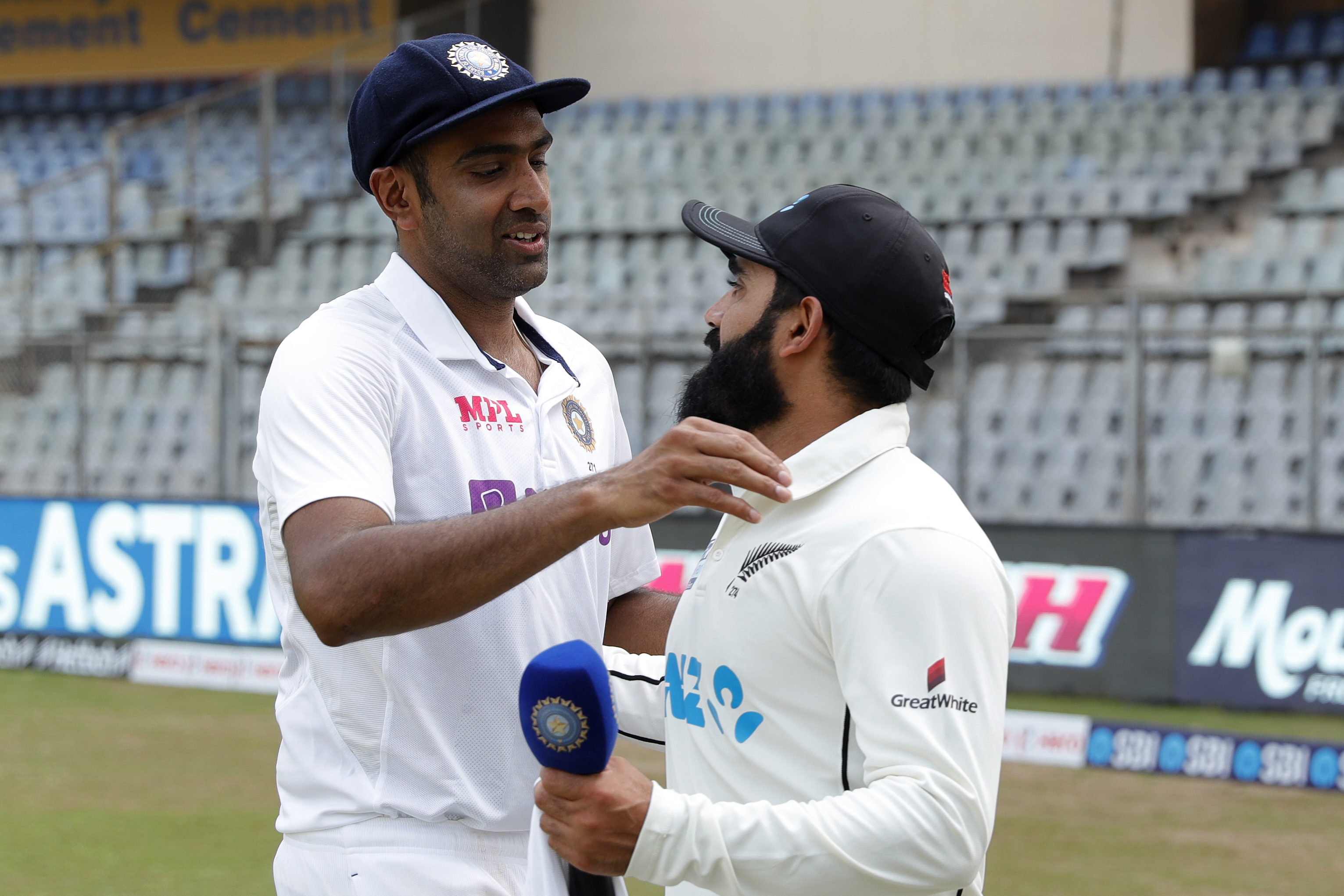 R Ashwin of India with Ajaz Patel of New Zealand at digital interview during day four of the 2nd test match between India and New Zealand held at the Wankhede Stadium in Mumbai on the 6th December 2021Photo by Saikat Das / Sportzpics for BCCI