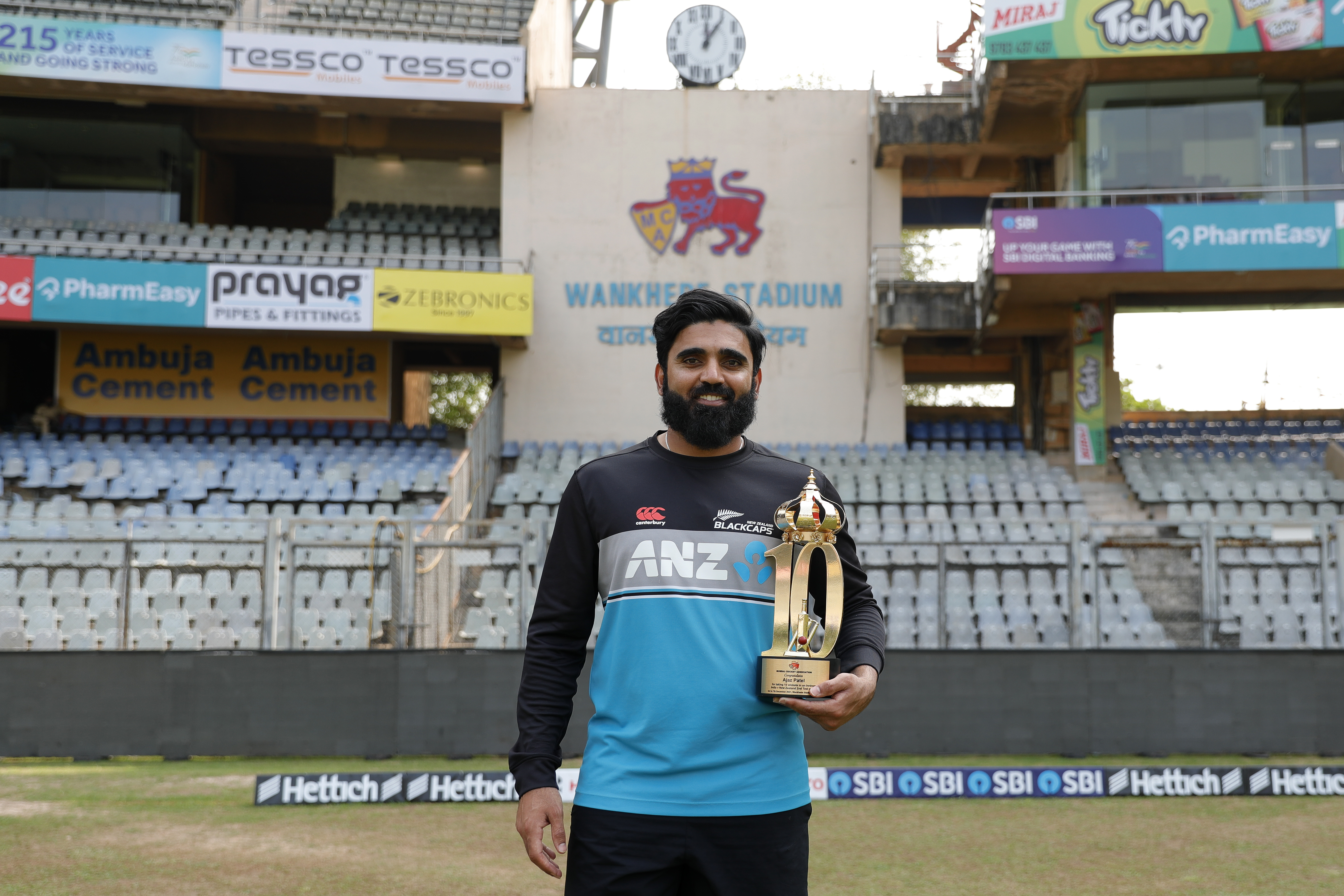 Ajaz Patel of New Zealand  during day four of the 2nd test match between India and New Zealand held at the Wankhede Stadium in Mumbai on the 6th December 2021Photo by Saikat Das / Sportzpics for BCCI