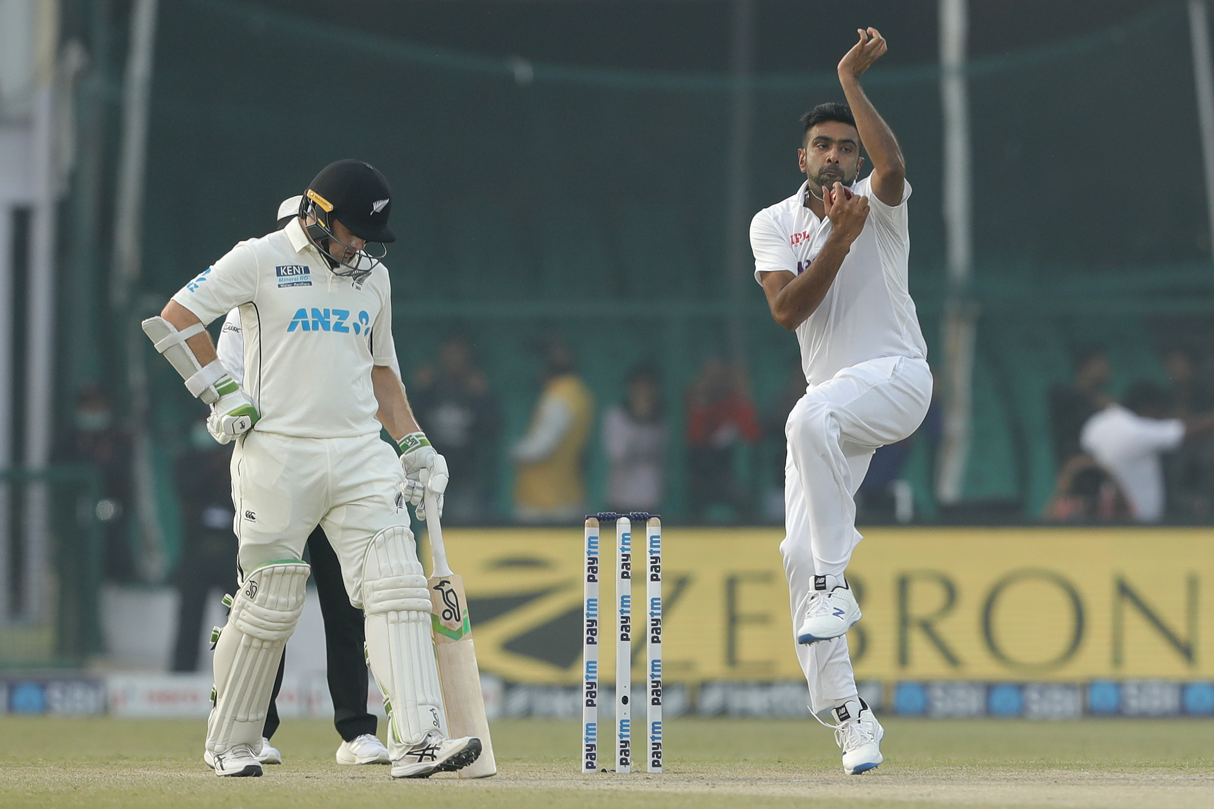 R Ashwin of India Bowling  during day four of the 1st Test match between India and New Zealand held at the Green Park International Stadium in Kanpur on the 28th November 2021Photo by Saikat Das / Sportzpics for BCCI