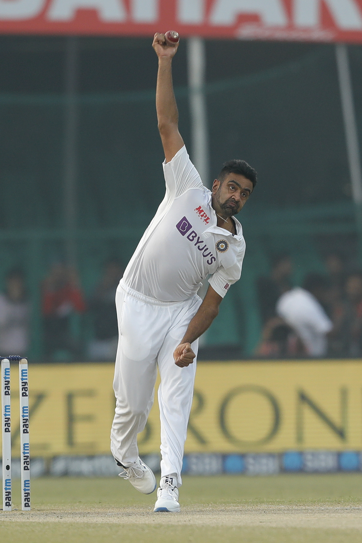 R Ashwin of India Bowling  during day four of the 1st Test match between India and New Zealand held at the Green Park International Stadium in Kanpur on the 28th November 2021Photo by Saikat Das / Sportzpics for BCCI