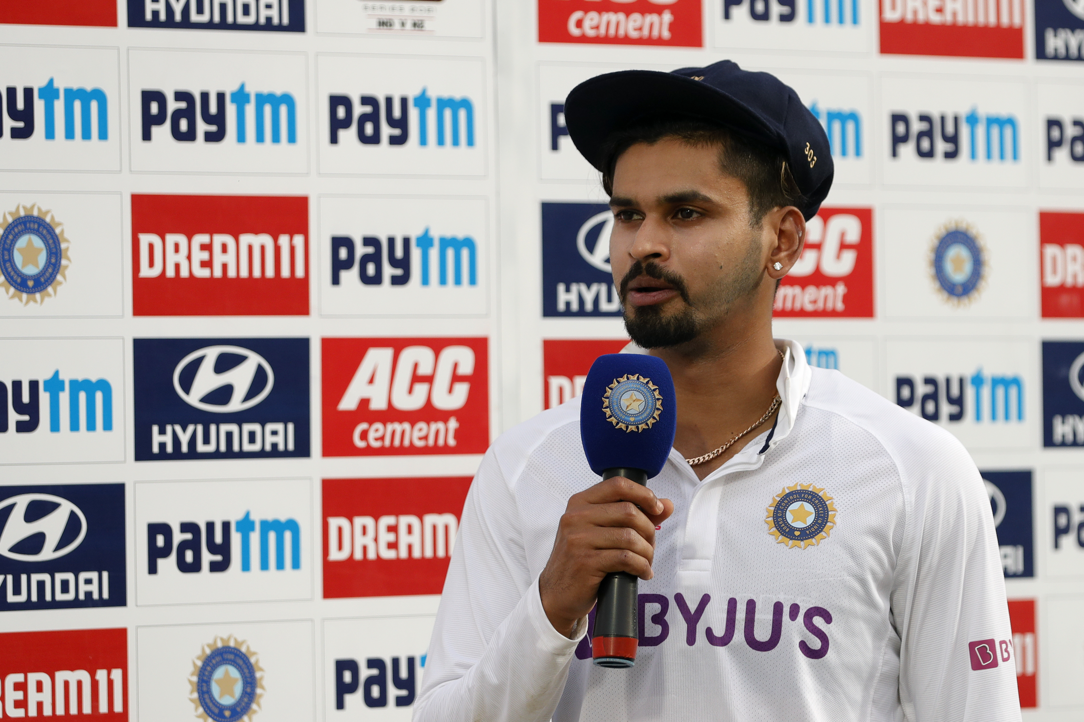 Shreyas Iyer of India at tv interview  during day five of the 1st Test match between India and New Zealand held at the Green Park International Stadium in Kanpur on the 29th November 2021Photo by Saikat Das  / Sportzpics for BCCI