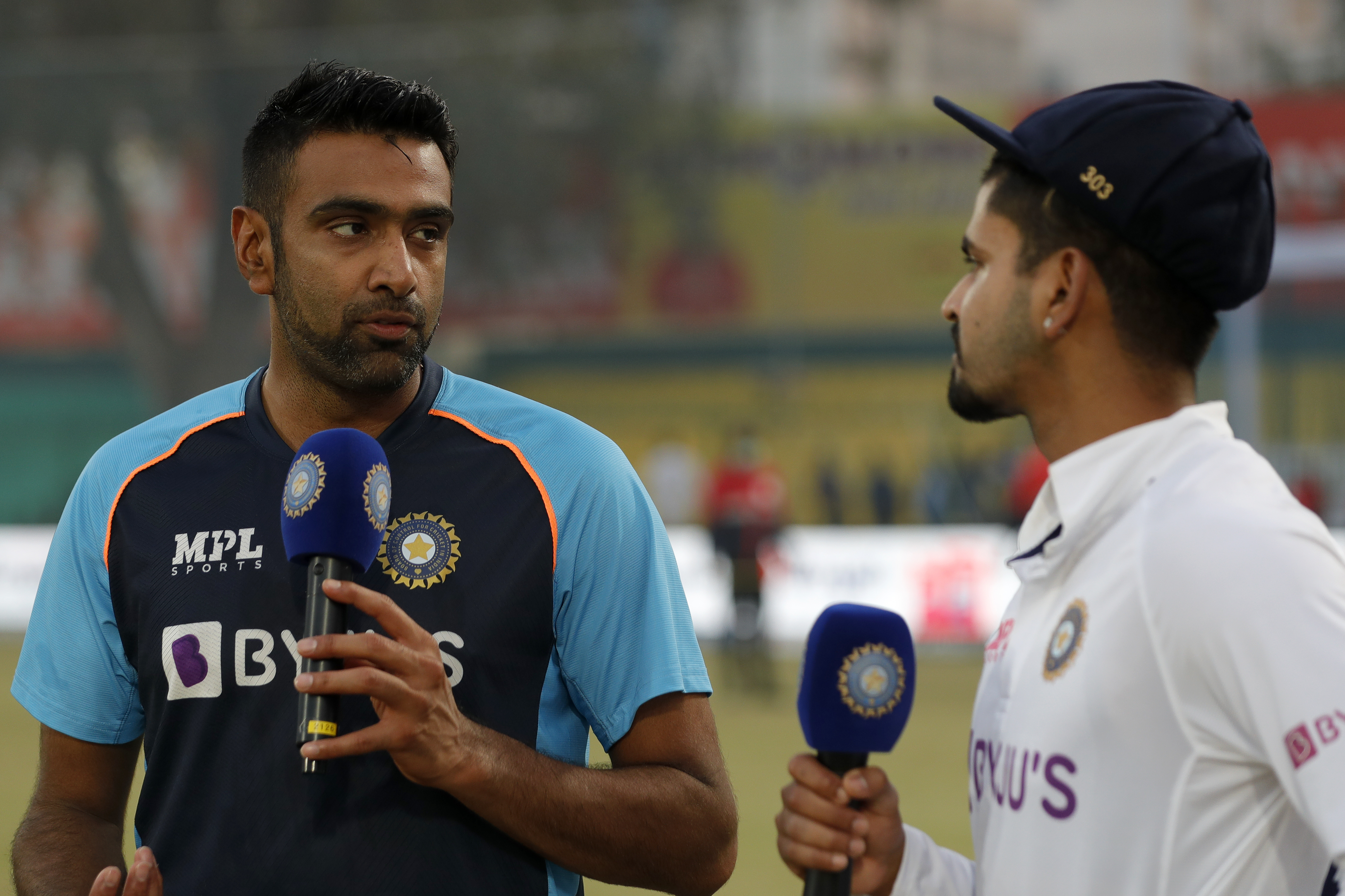 Shreyas Iyer of India and R Ashwin of India at social media talk during day five of the 1st Test match between India and New Zealand held at the Green Park International Stadium in Kanpur on the 29th November 2021Photo by Saikat Das  / Sportzpics for BCCI