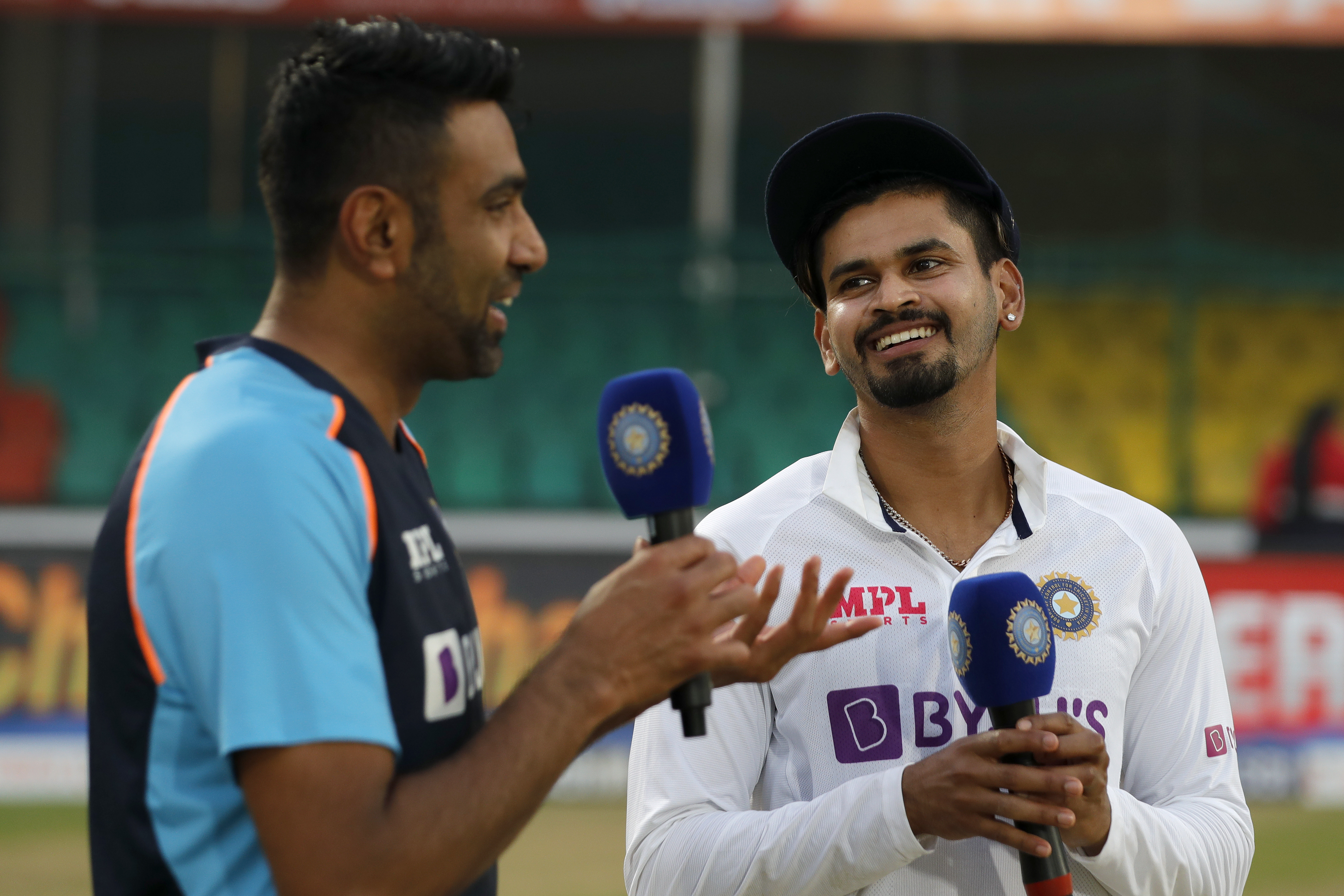 Shreyas Iyer of India and R Ashwin of India at social media talk during day five of the 1st Test match between India and New Zealand held at the Green Park International Stadium in Kanpur on the 29th November 2021Photo by Saikat Das  / Sportzpics for BCCI