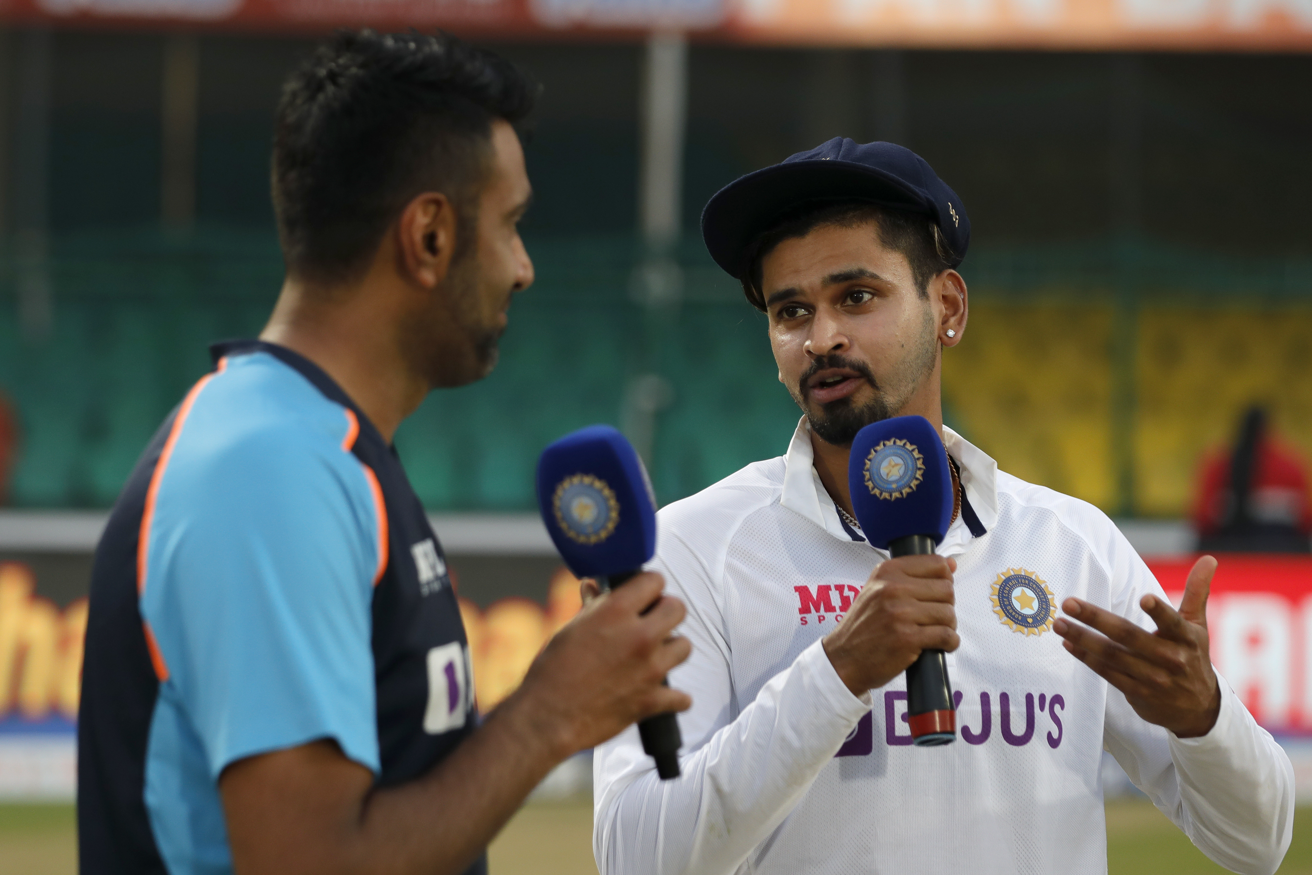 Shreyas Iyer of India and R Ashwin of India at social media talk during day five of the 1st Test match between India and New Zealand held at the Green Park International Stadium in Kanpur on the 29th November 2021Photo by Saikat Das  / Sportzpics for BCCI