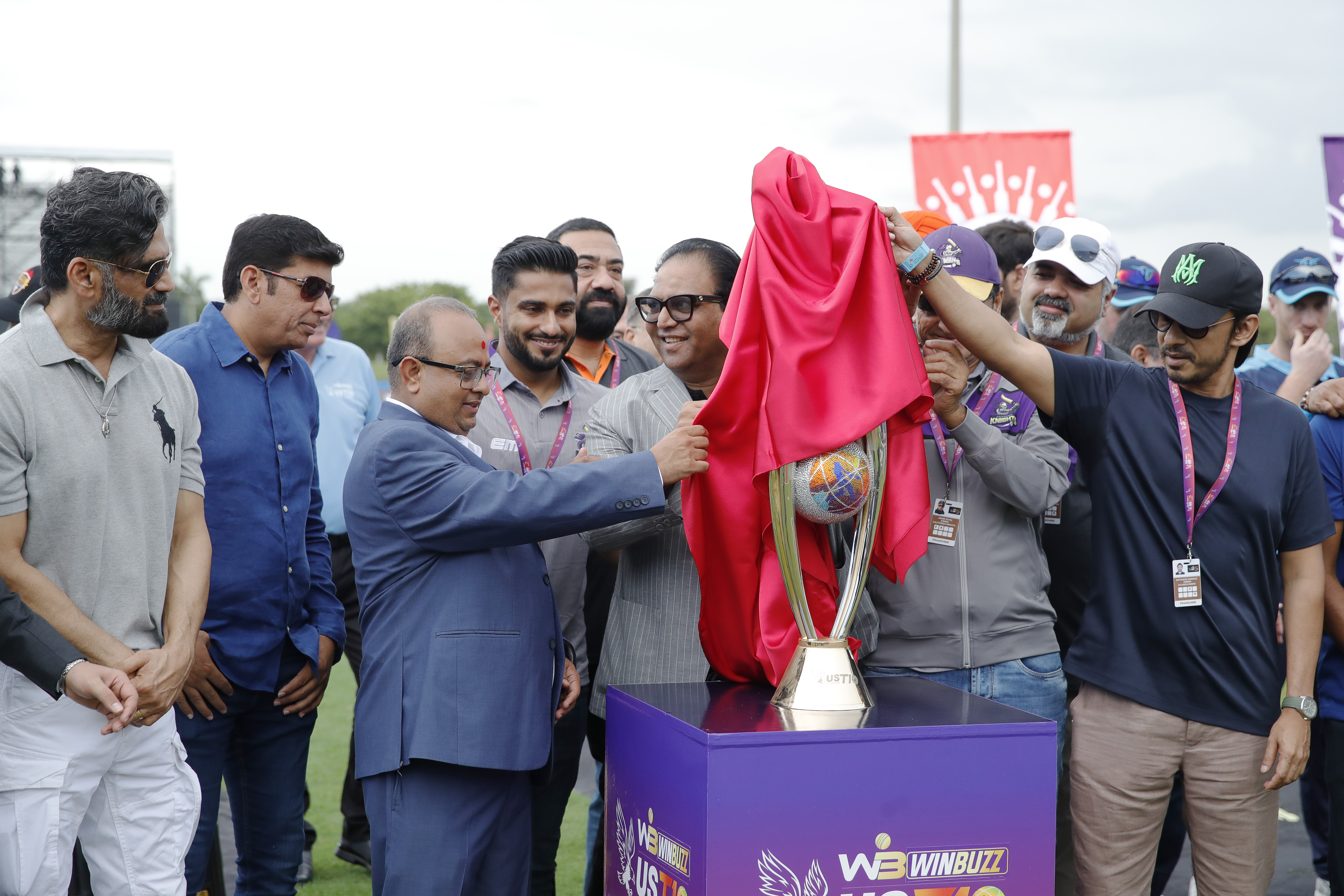 Nawab Shaji Ul Mulk The Founder & Chairman of T Ten Sports Management & T Ten Global Sports and team owners doing trophy unveiling  during match 1 of the US Masters T10 League between the Atlanta Riders and the Texas Chargers at the Central Broward Park in Lauderhill, Florida on the 18 August 2023Photo by Saikat Das / ACEIMAGES for US Masters T10