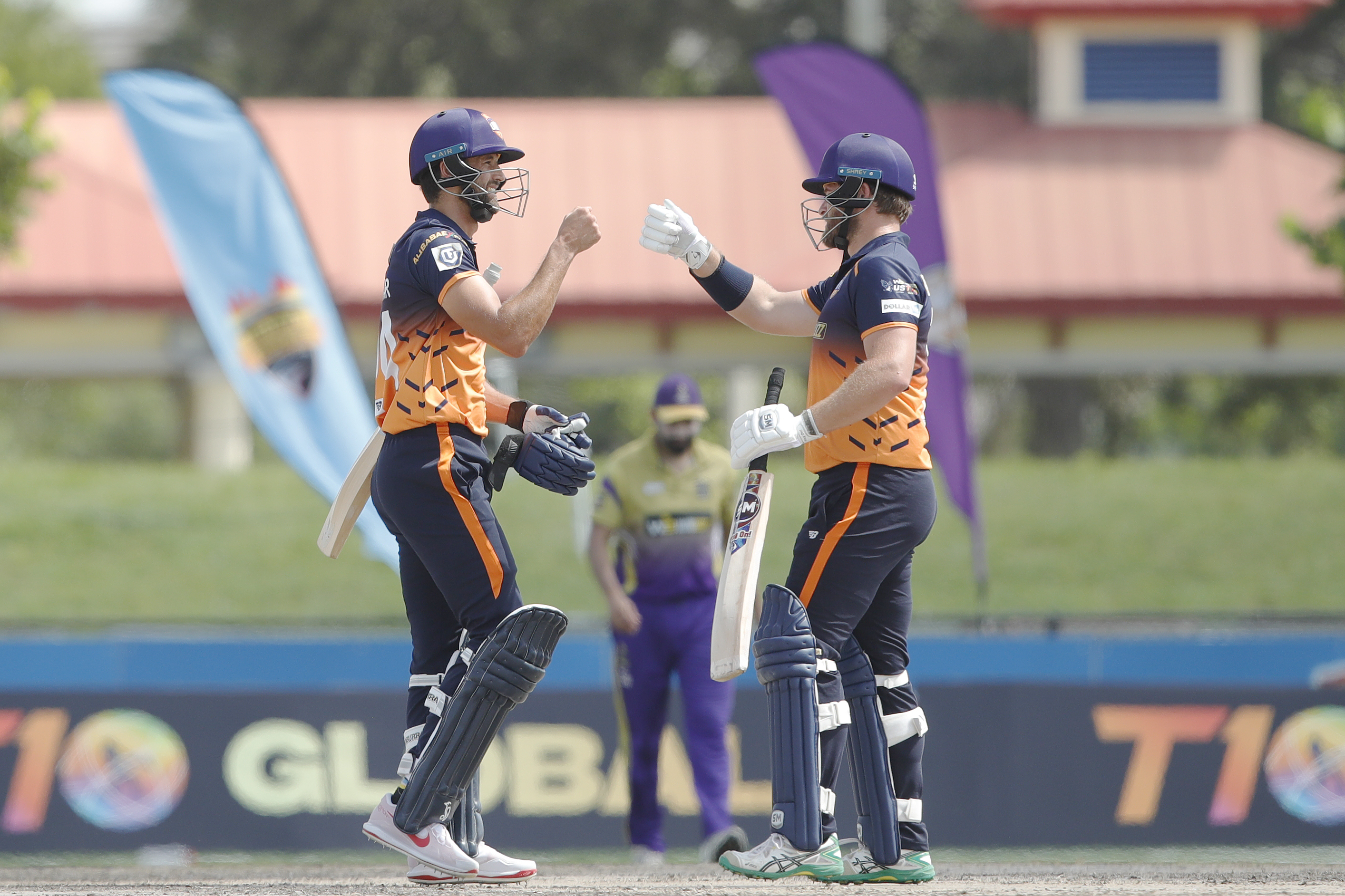 Corey Anderson of Morrisville Unity and Obus Pienaar of Morrisville Unity celebrating win during match 10 of the US Masters T10 League between the Morrisville Unity and the California Knights at the Central Broward Park in Lauderhill, Florida on the 22nd August 2023 Photo by Saikat Das / ACEIMAGES for US Masters T10
