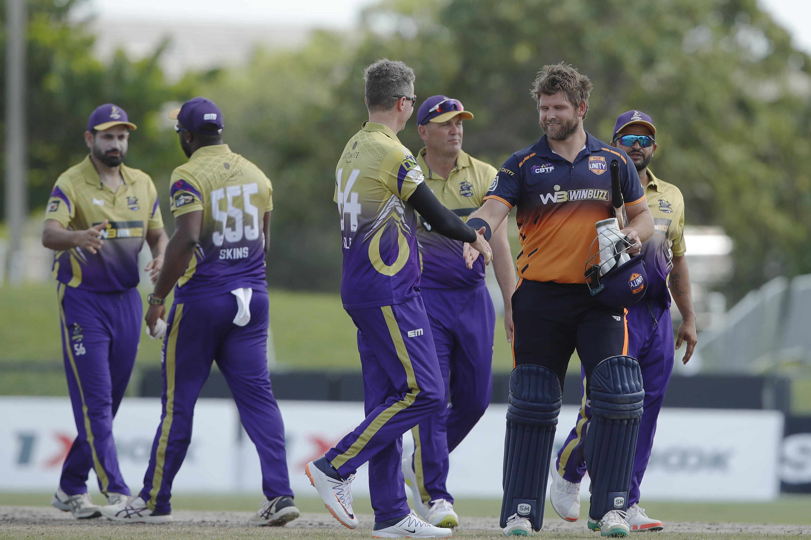 Morrisville Unity celebrating win during match 10 of the US Masters T10 League between the Morrisville Unity and the California Knights at the Central Broward Park in Lauderhill, Florida on the 22nd August 2023 Photo by Saikat Das / ACEIMAGES for US Masters T10