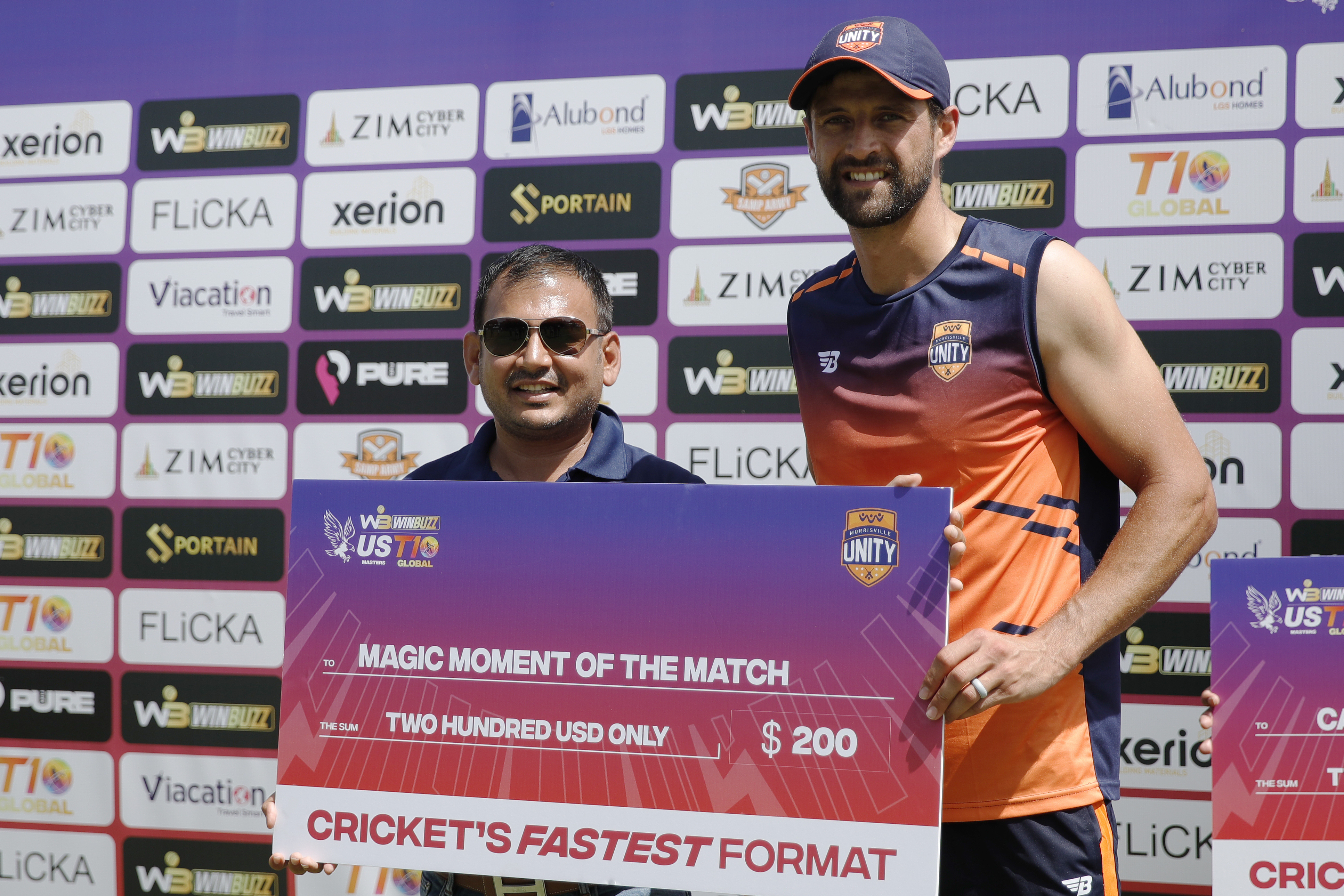 Obus Pienaar of Morrisville Unity with Magic Moment of the Mach award during match 10 of the US Masters T10 League between the Morrisville Unity and the California Knights at the Central Broward Park in Lauderhill, Florida on the 22nd August 2023 Photo by Saikat Das / ACEIMAGES for US Masters T10