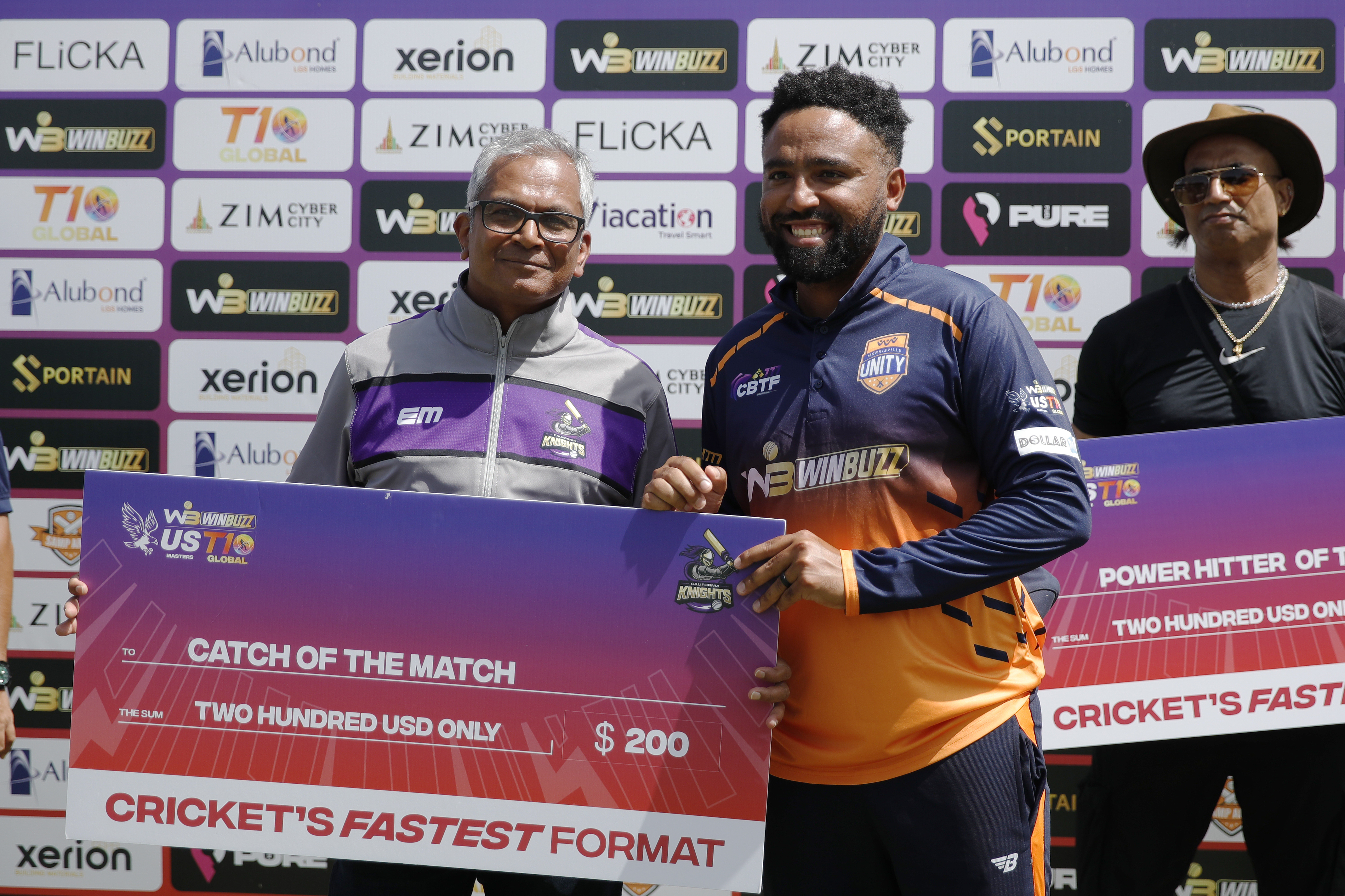 Dane Piedt of Morrisville Unity with Catch of the Match Award during match 10 of the US Masters T10 League between the Morrisville Unity and the California Knights at the Central Broward Park in Lauderhill, Florida on the 22nd August 2023 Photo by Saikat Das / ACEIMAGES for US Masters T10