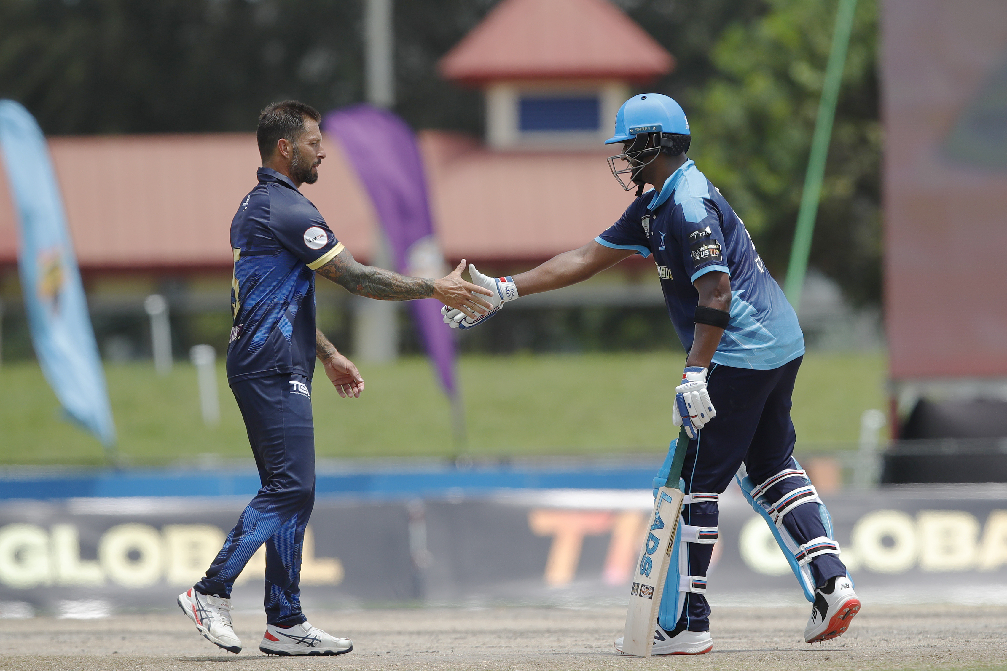 Texas Chargers celebrating win during match 11 of the US Masters T10 League between the Texas Chargers and the NJ Tritons at the Central Broward Park in Lauderhill, Florida on the 22nd August 2023 Photo by Saikat Das / ACEIMAGES for US Masters T10