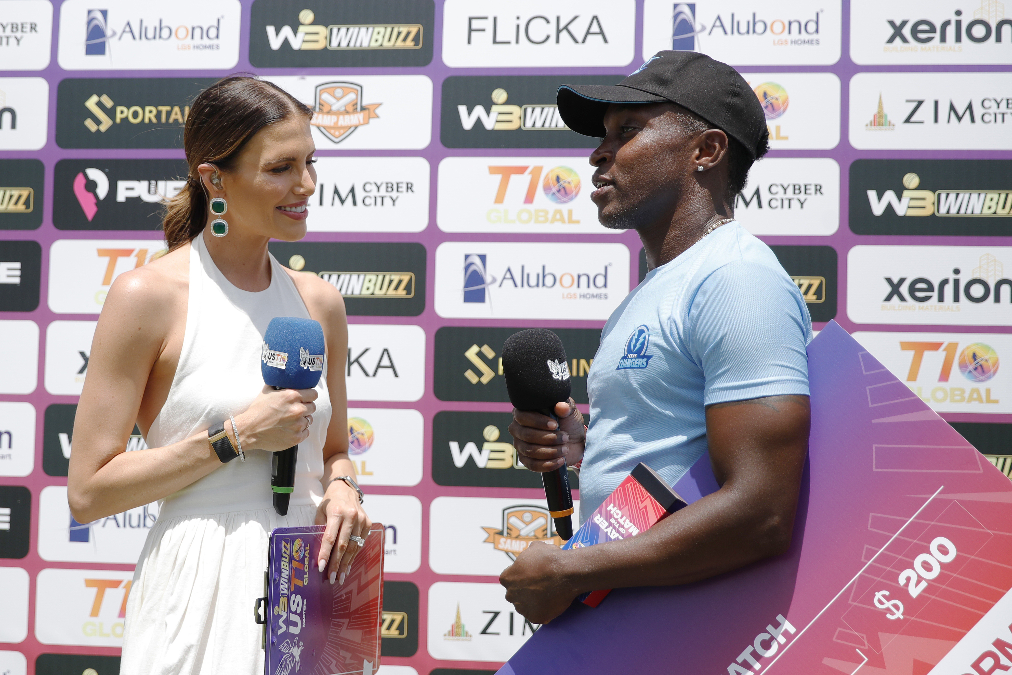 Fidel Edwards of Texas Chargers at tv interview during match 11 of the US Masters T10 League between the Texas Chargers and the NJ Tritons at the Central Broward Park in Lauderhill, Florida on the 22nd August 2023 Photo by Saikat Das / ACEIMAGES for US Masters T10