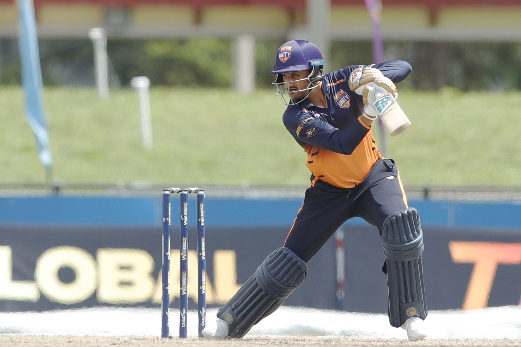 Harbhajan Singh (c) of Morrisville Unity batting during match 13 of the US Masters T10 League between the Morrisville Unity and the Texas Chargers at the Central Broward Park in Lauderhill, Florida on the 23rd August 2023 Photo by Saikat Das / ACEIMAGES for US Masters T10