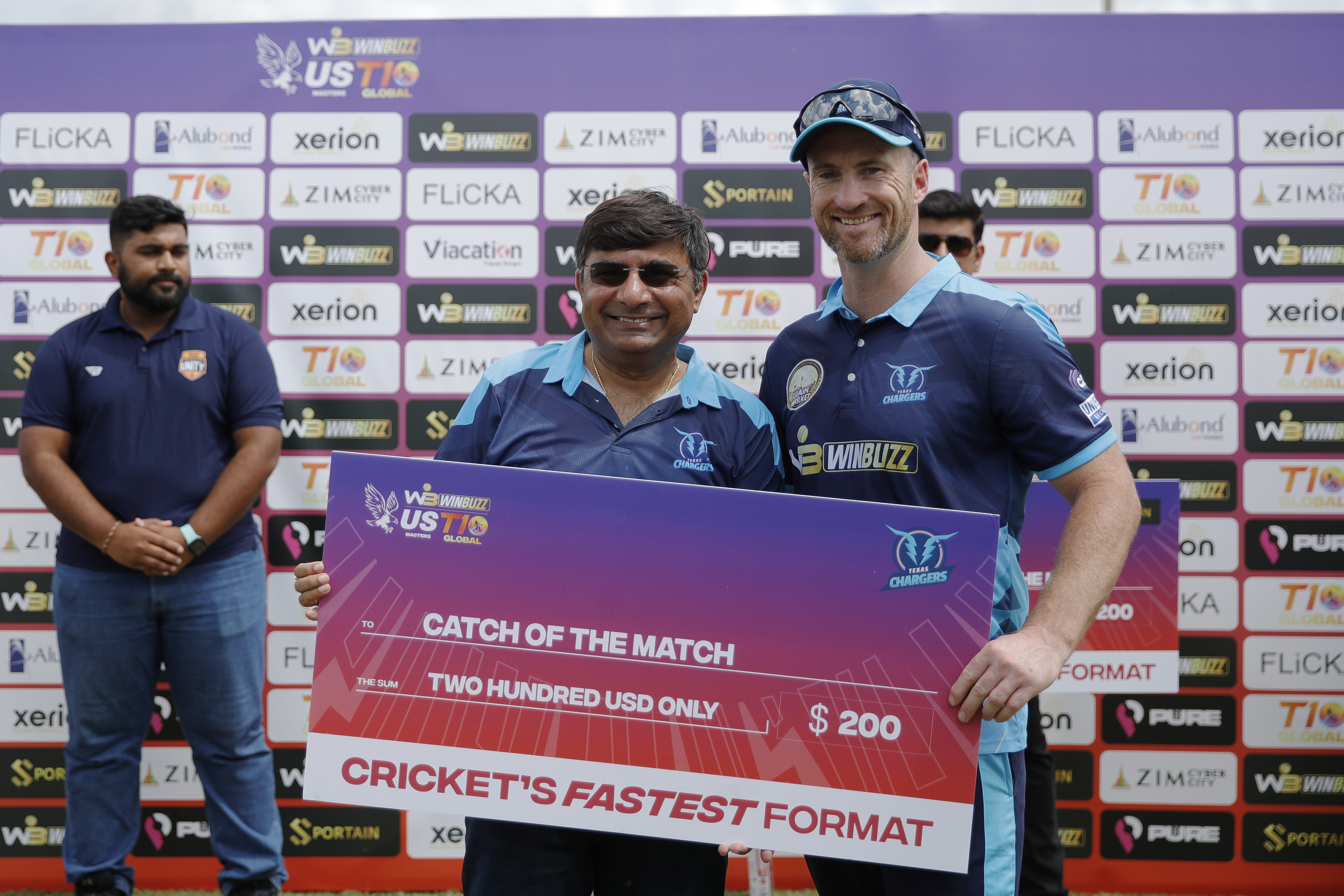 Neil Broom of Texas Chargers with Catch of the Match Award during match 13 of the US Masters T10 League between the Morrisville Unity and the Texas Chargers at the Central Broward Park in Lauderhill, Florida on the 23rd August 2023 Photo by Saikat Das / ACEIMAGES for US Masters T10