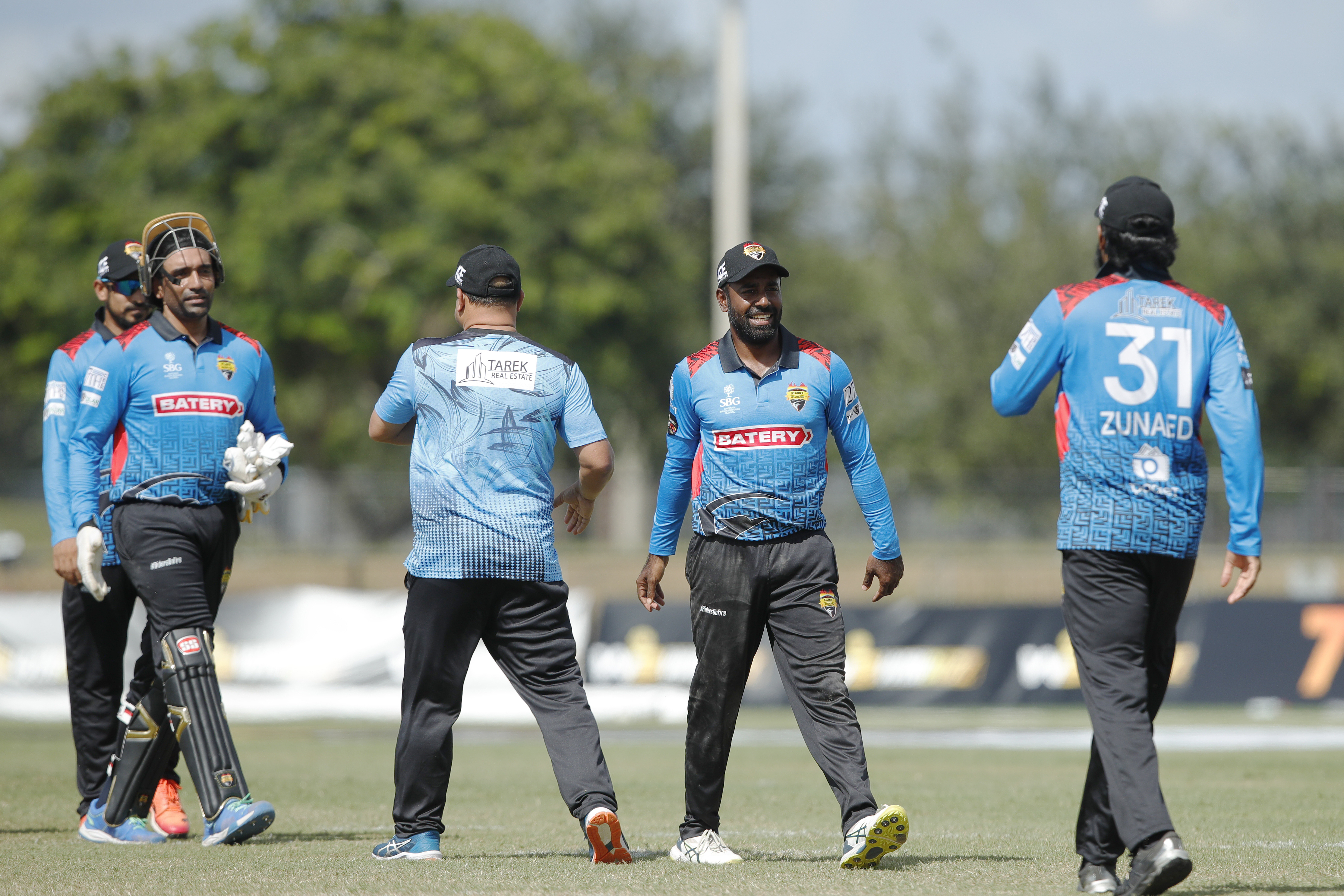 Atlanta Riders celebrating win during match 15 of the US Masters T10 League between the Atlanta Riders and the NJ Tritons at the Central Broward Park in Lauderhill, Florida on the 23rd August 2023 Photo by Saikat Das / ACEIMAGES for US Masters T10