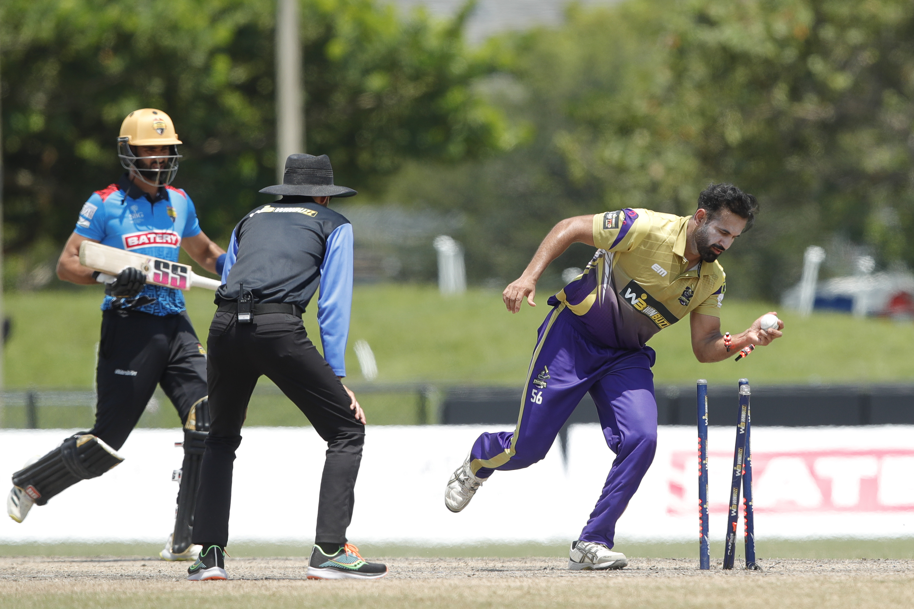 IRFAN PATHAN of California Knights doing runout during match 17 of the US Masters T10 League between the California Knights and the Atlanta Riders at the Central Broward Park in Lauderhill, Florida on the 24th August 2023 Photo by Saikat Das / ACEIMAGES for US Masters T10