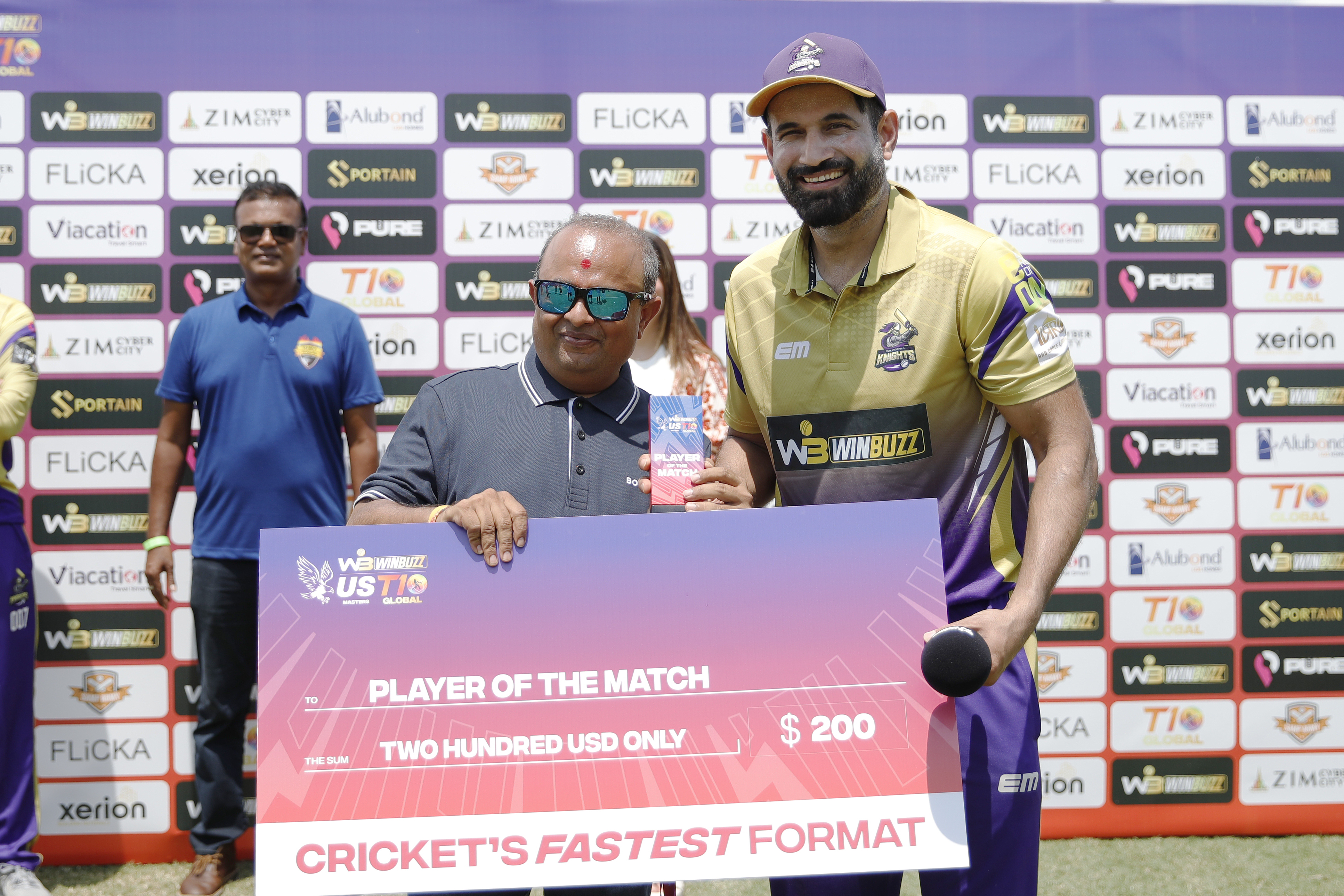 IRFAN PATHAN of California Knights with Player of the Match award during match 17 of the US Masters T10 League between the California Knights and the Atlanta Riders at the Central Broward Park in Lauderhill, Florida on the 24th August 2023 Photo by Saikat Das / ACEIMAGES for US Masters T10