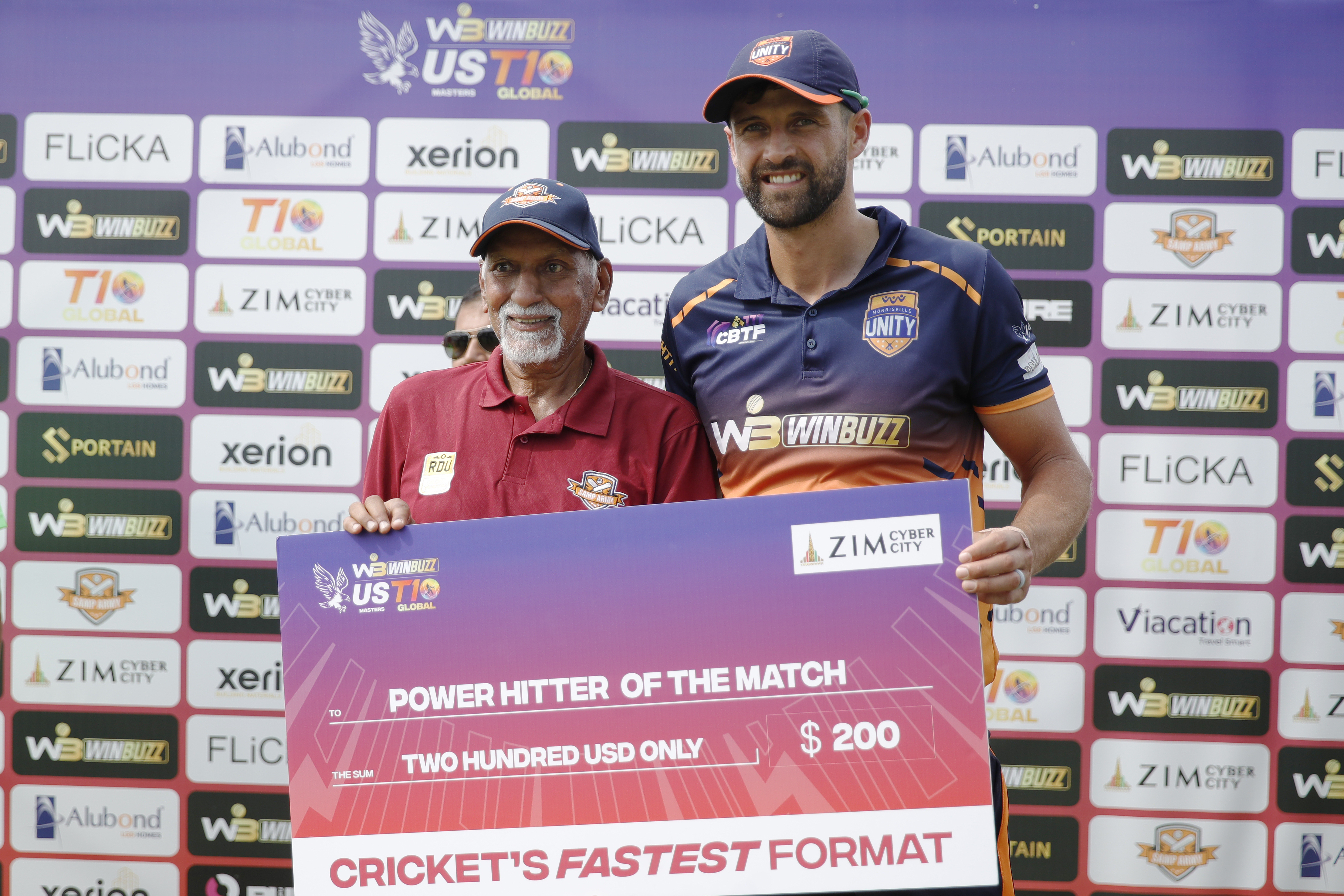 Obus Pienaar of Morrisville Unity with Power Hitter of the Match award during match 18 of the US Masters T10 League between the NJ Tritons and the Morrisville Unity at the Central Broward Park in Lauderhill, Florida on the 24th August 2023 Photo by Saikat Das / ACEIMAGES for US Masters T10